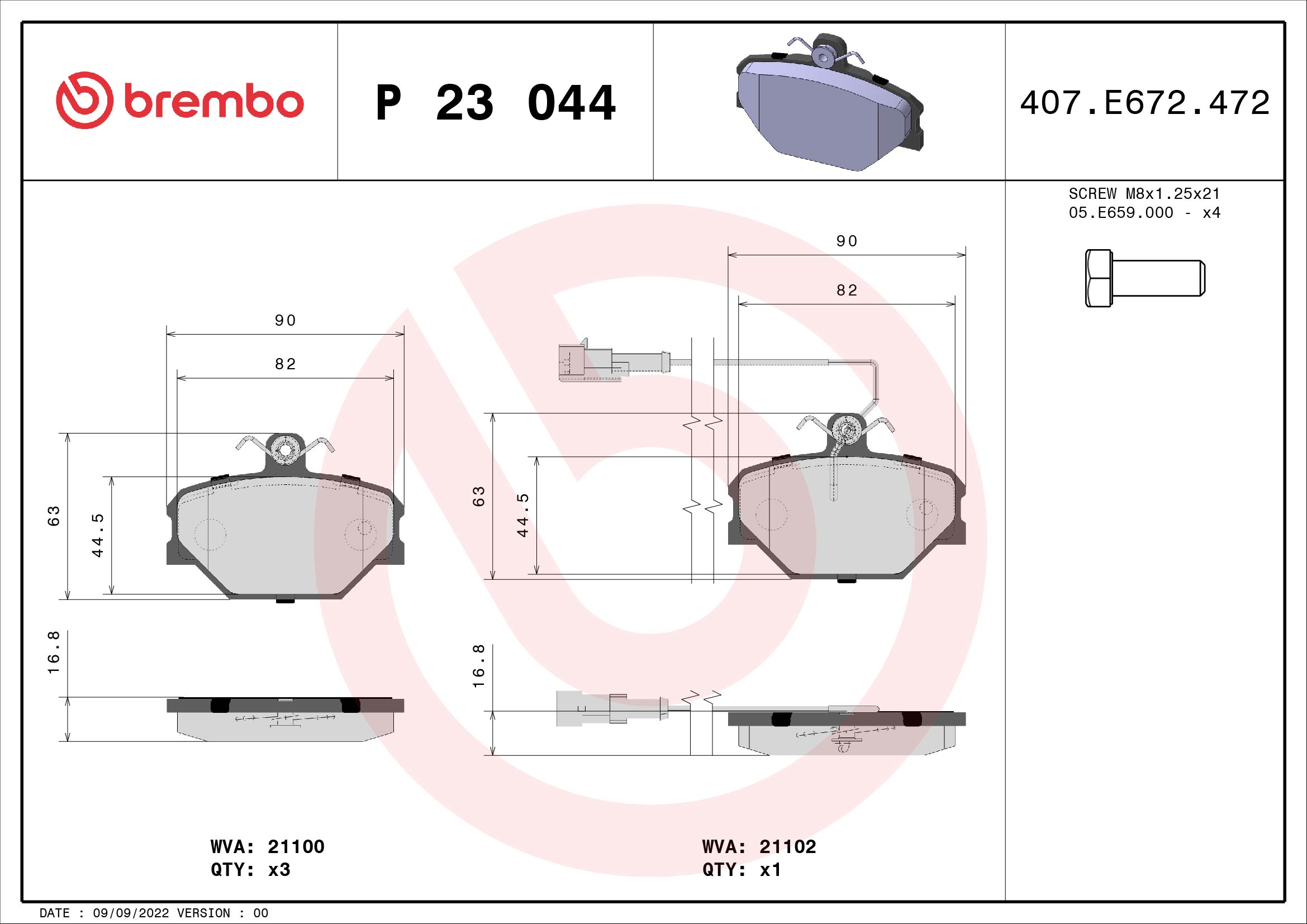 Brake Pad Set, disc brake - P 23 044 BREMBO