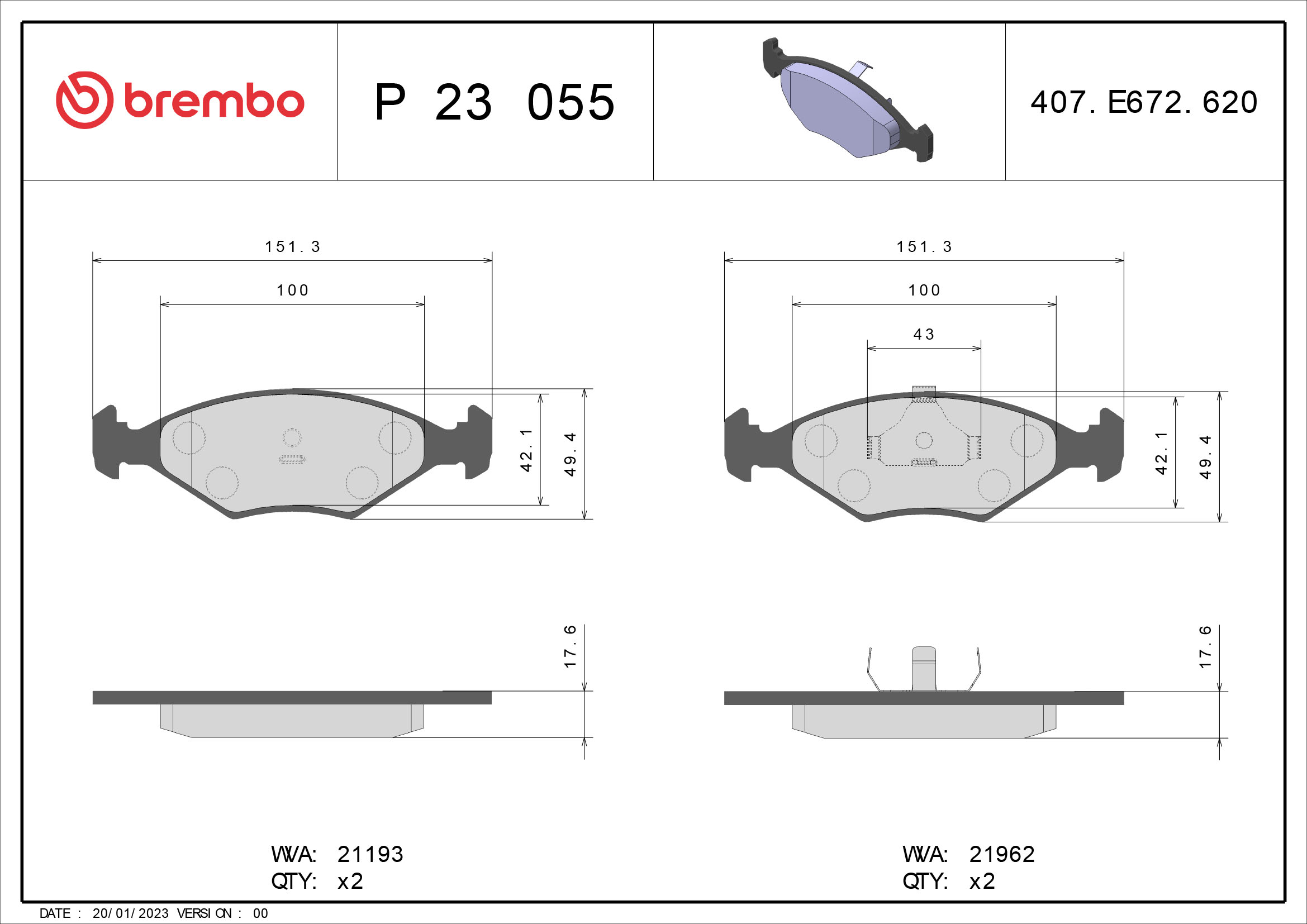 Brake Pad Set, disc brake - P 23 055 BREMBO