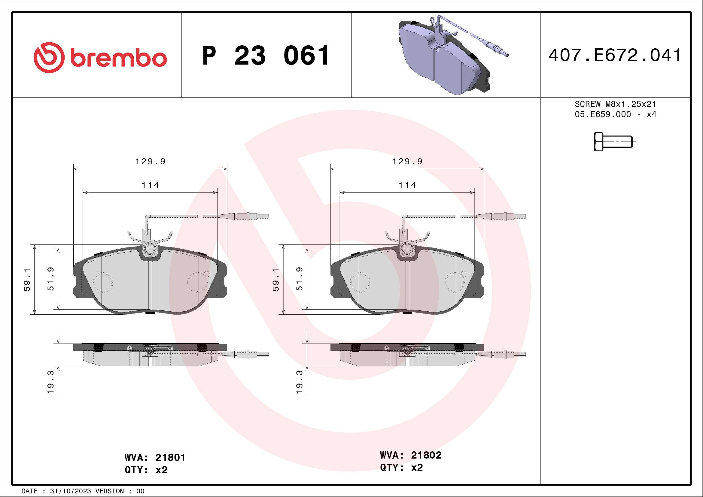 Kit pastiglie freno, Freno a disco - P 23 061 BREMBO