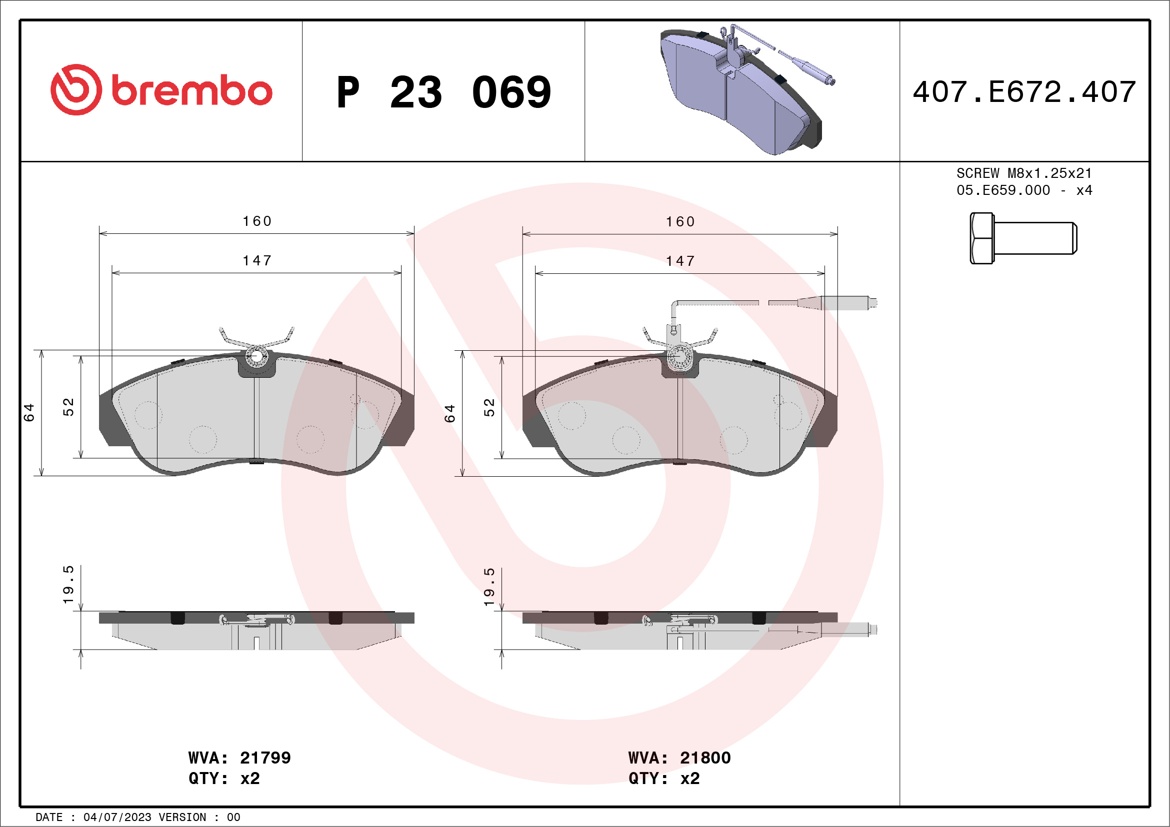 Brake Pad Set, disc brake - P 23 069 BREMBO