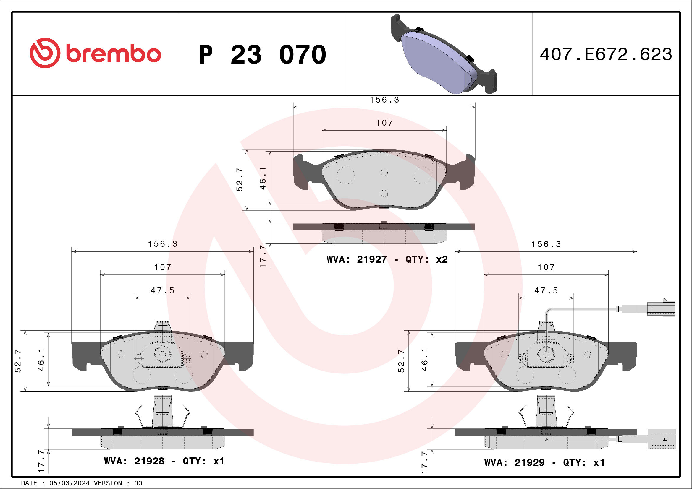 Комплект тормозных колодок, дисковый тормоз - P 23 070 BREMBO