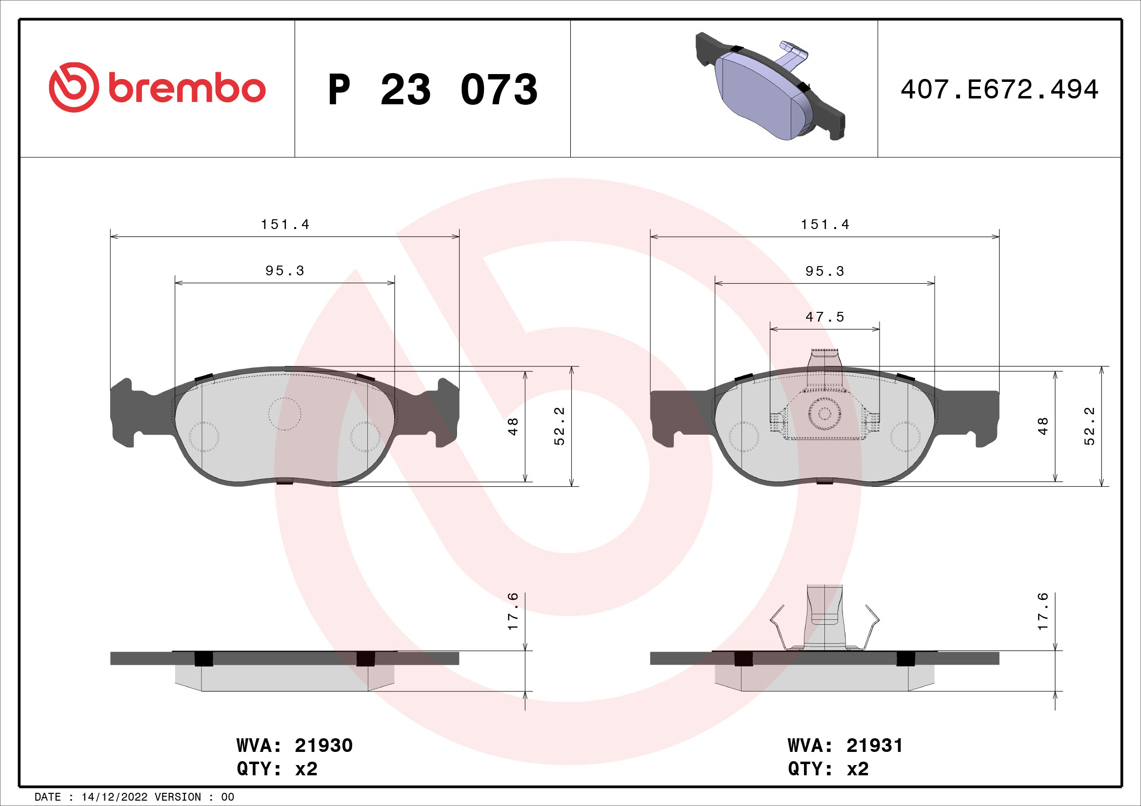 Kit pastiglie freno, Freno a disco - P 23 073 BREMBO