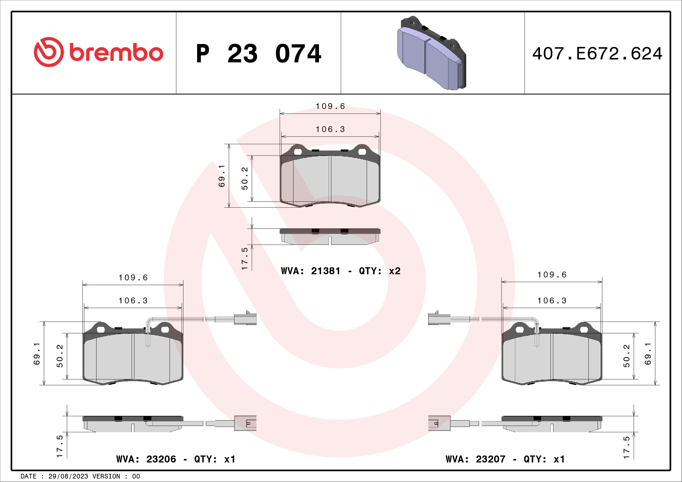 Комплект тормозных колодок, дисковый тормоз - P 23 074 BREMBO