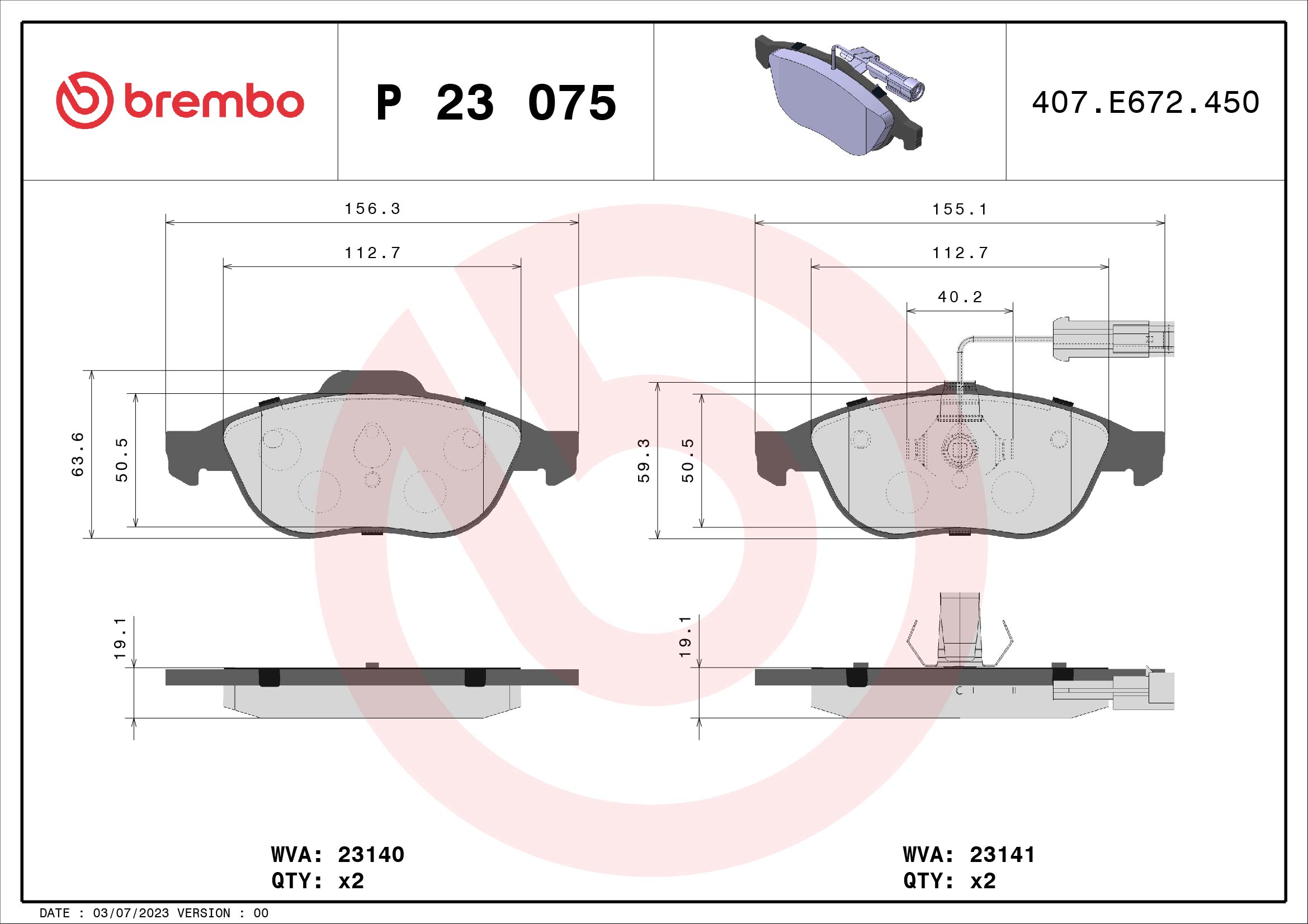 Kit pastiglie freno, Freno a disco - P 23 075 BREMBO