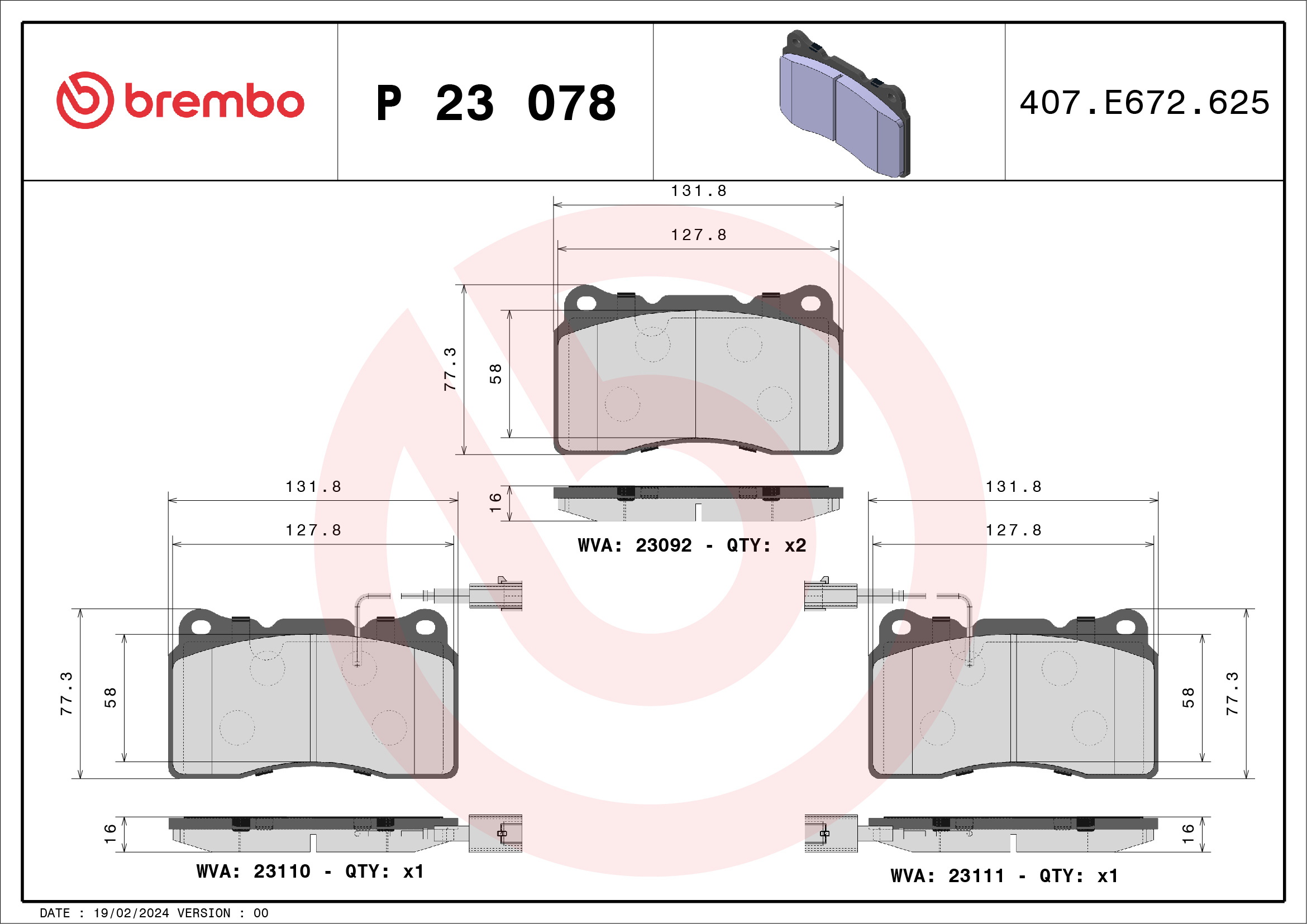 Комплект тормозных колодок, дисковый тормоз - P 23 078 BREMBO