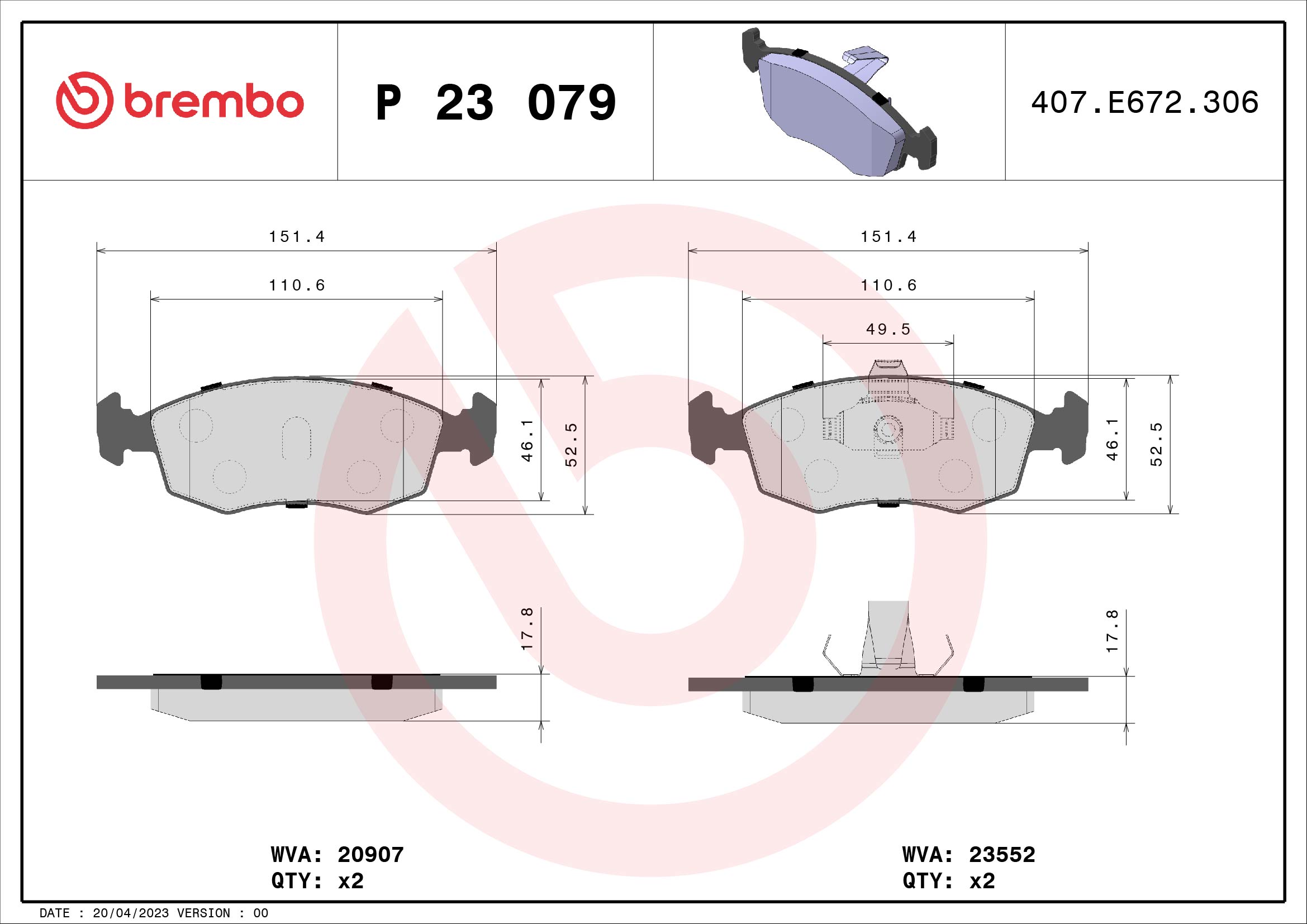 Bremsbelagsatz, Scheibenbremse - P 23 079 BREMBO