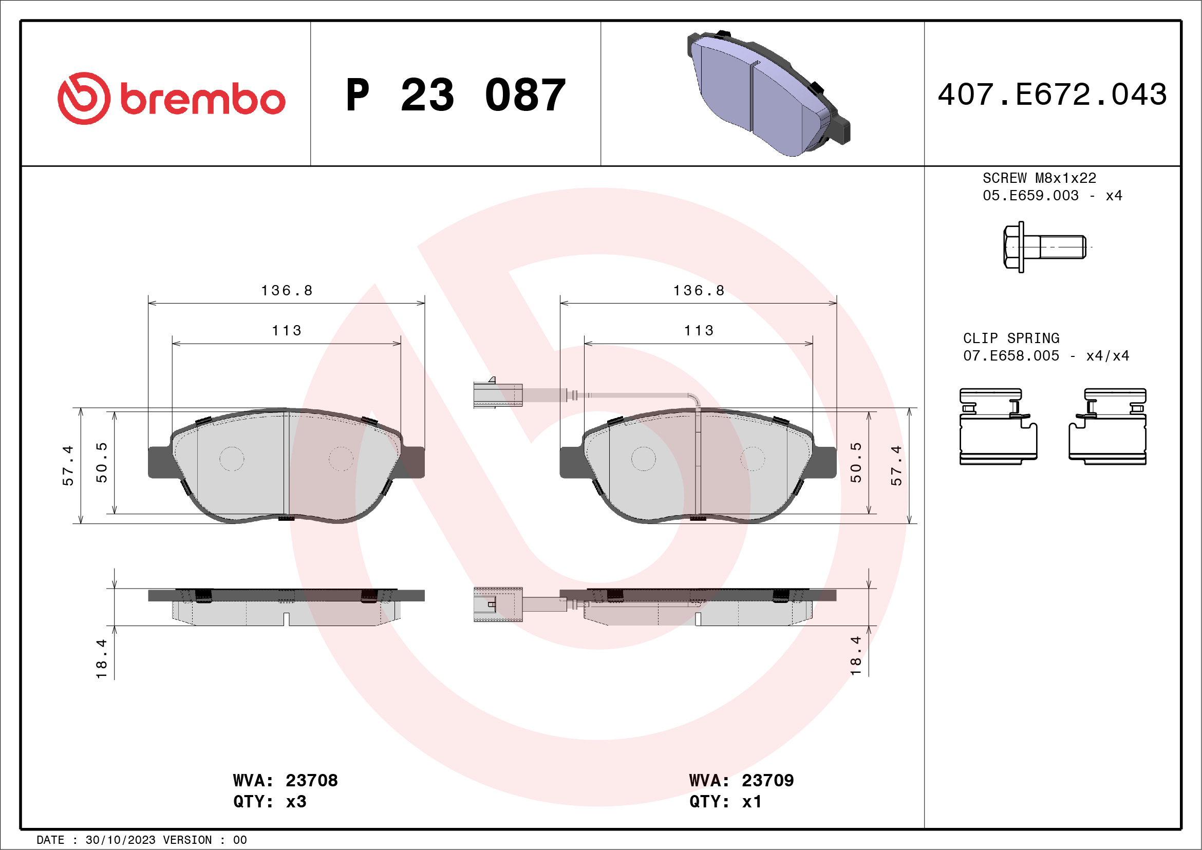 stabdžių trinkelių rinkinys, diskinis stabdys - P 23 087 BREMBO