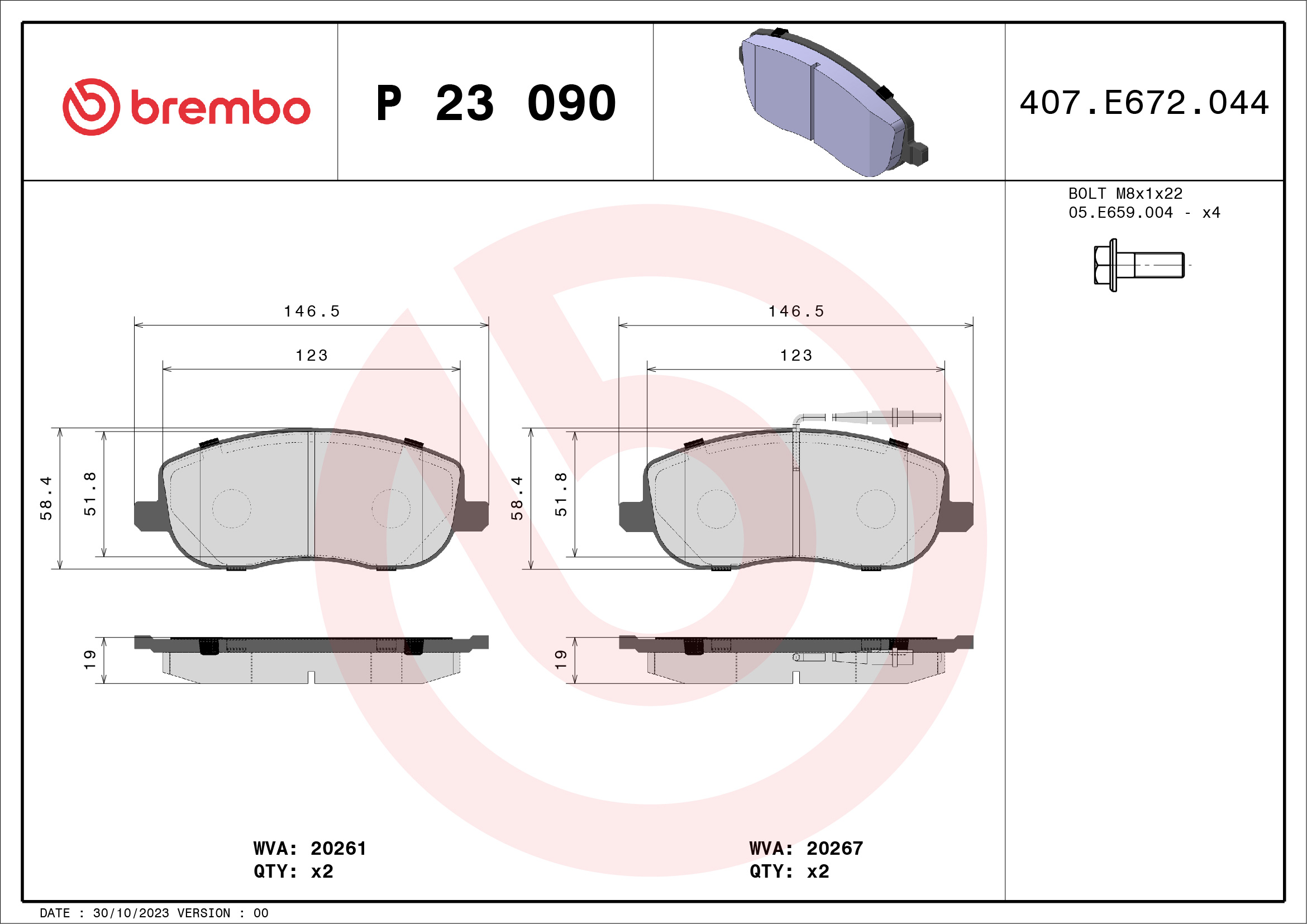 Комплект тормозных колодок, дисковый тормоз - P 23 090 BREMBO