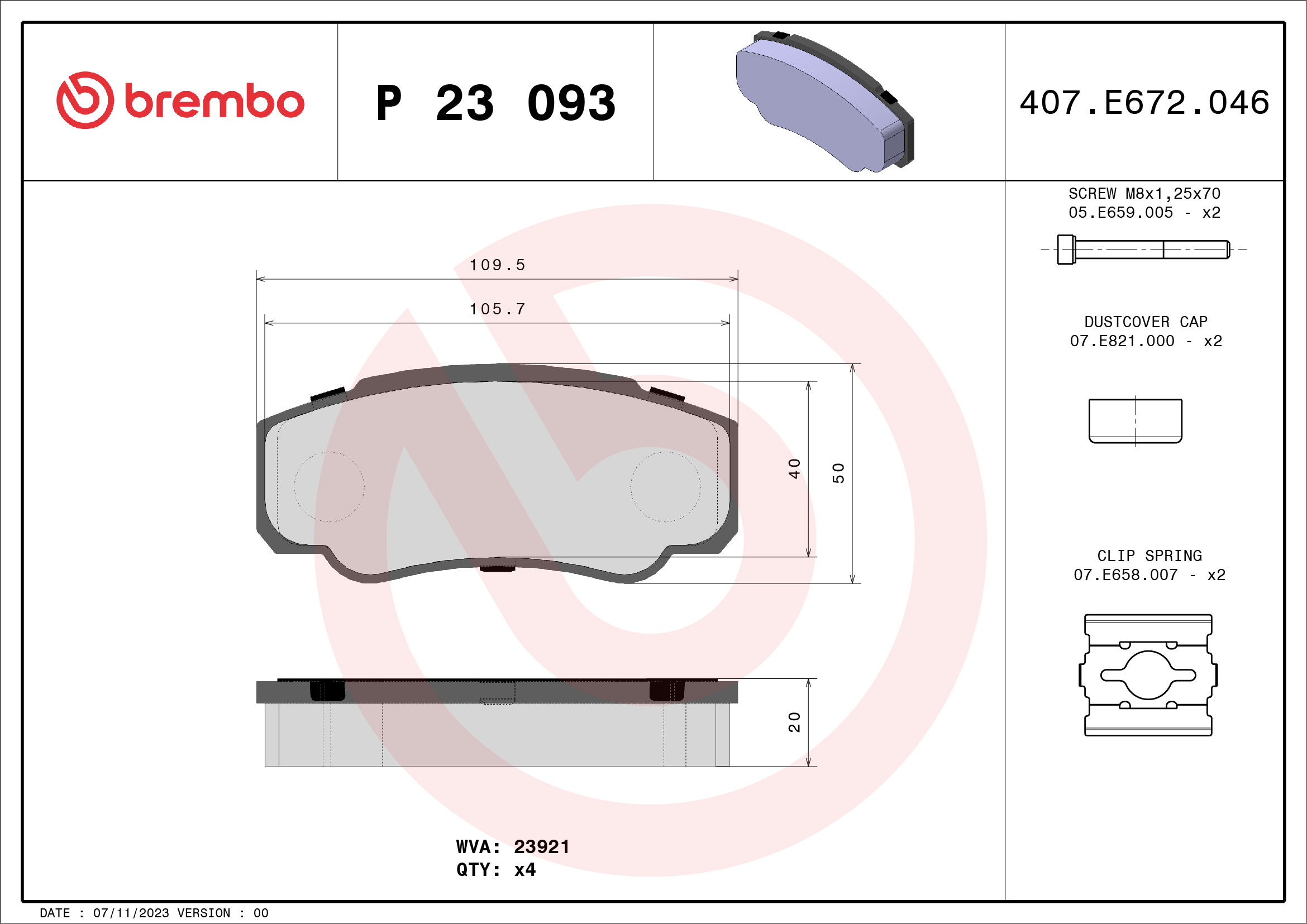 Комплект тормозных колодок, дисковый тормоз - P 23 093 BREMBO