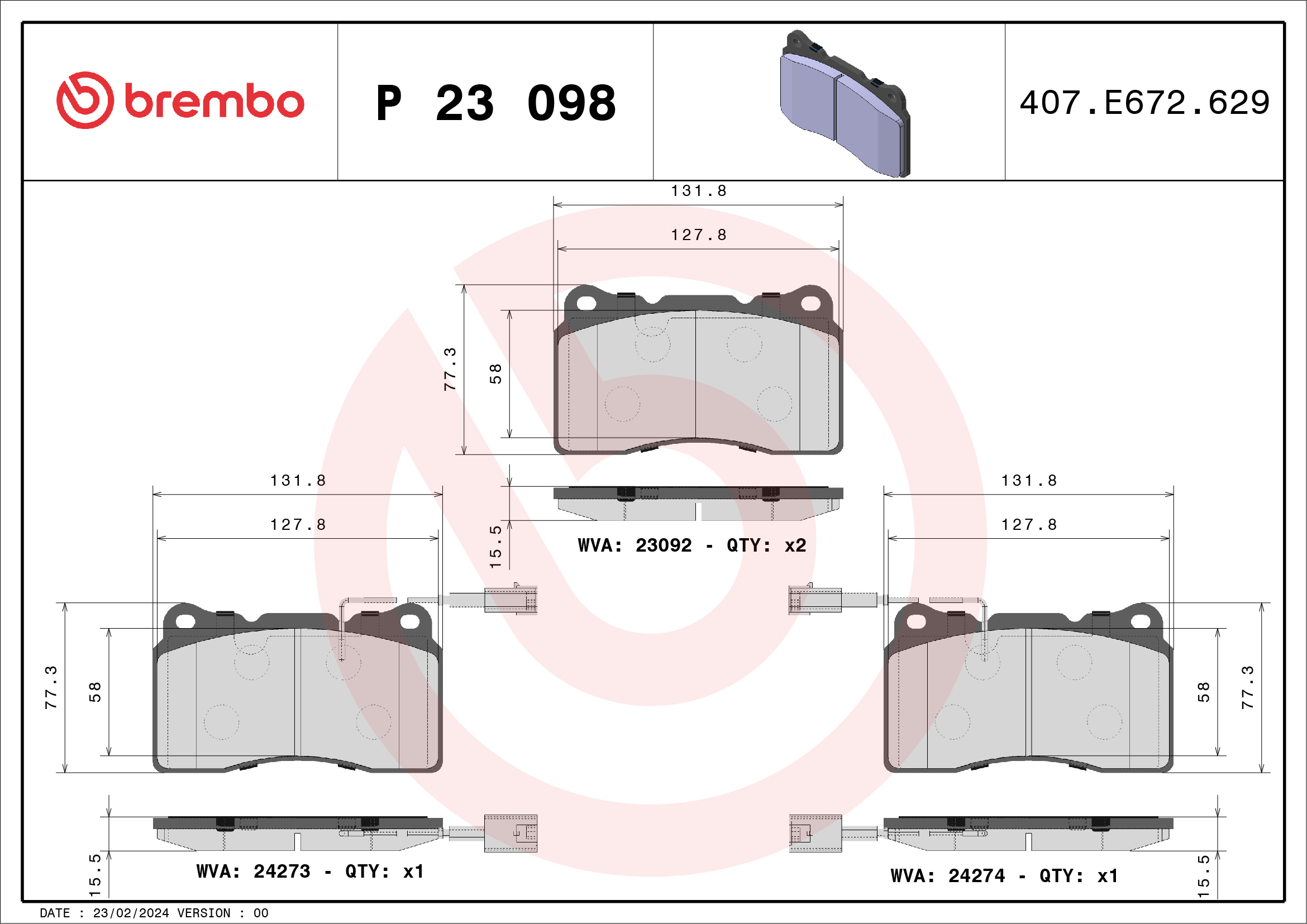 Brake Pad Set, disc brake - P 23 098 BREMBO