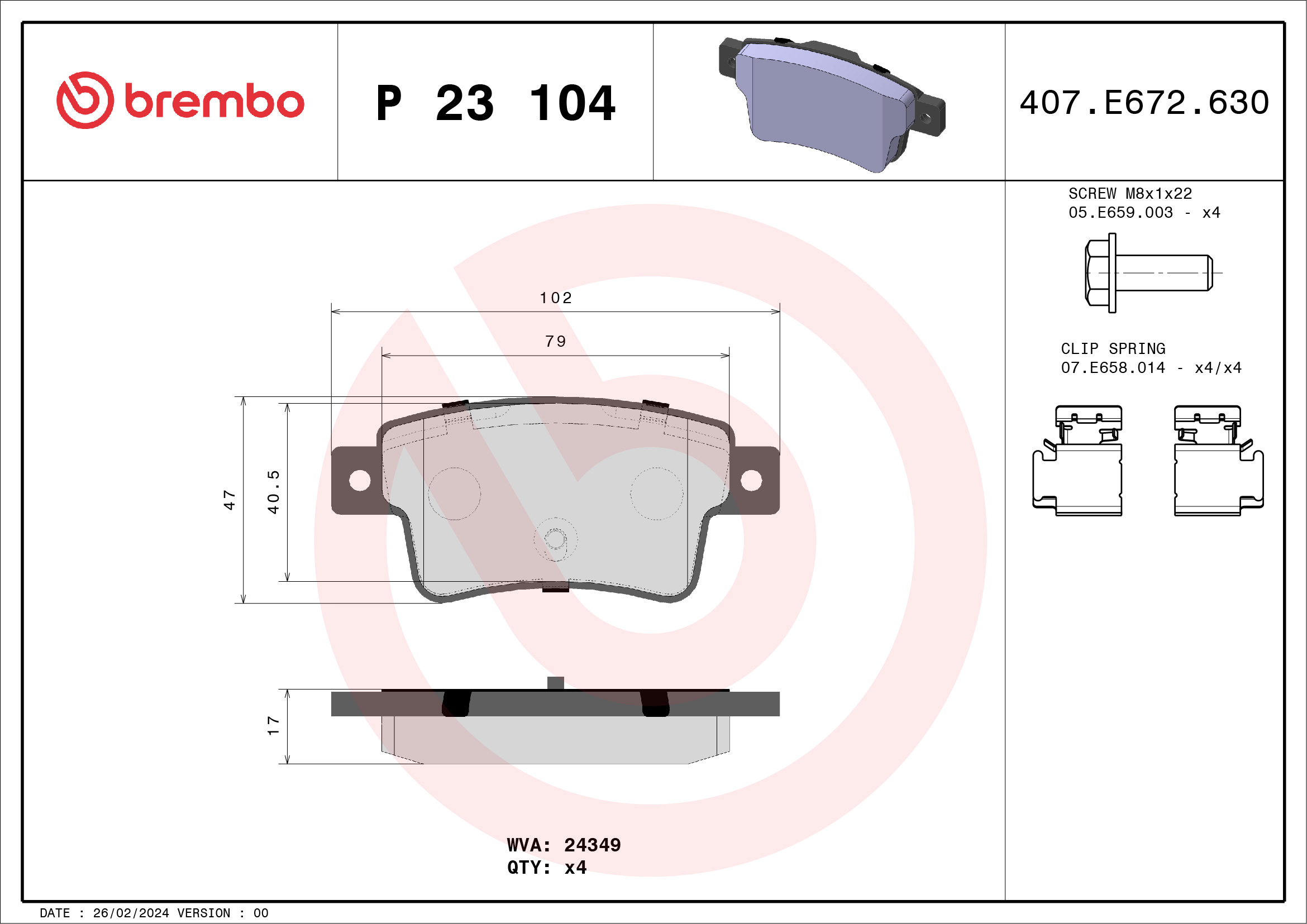 Комплект тормозных колодок, дисковый тормоз - P 23 104 BREMBO