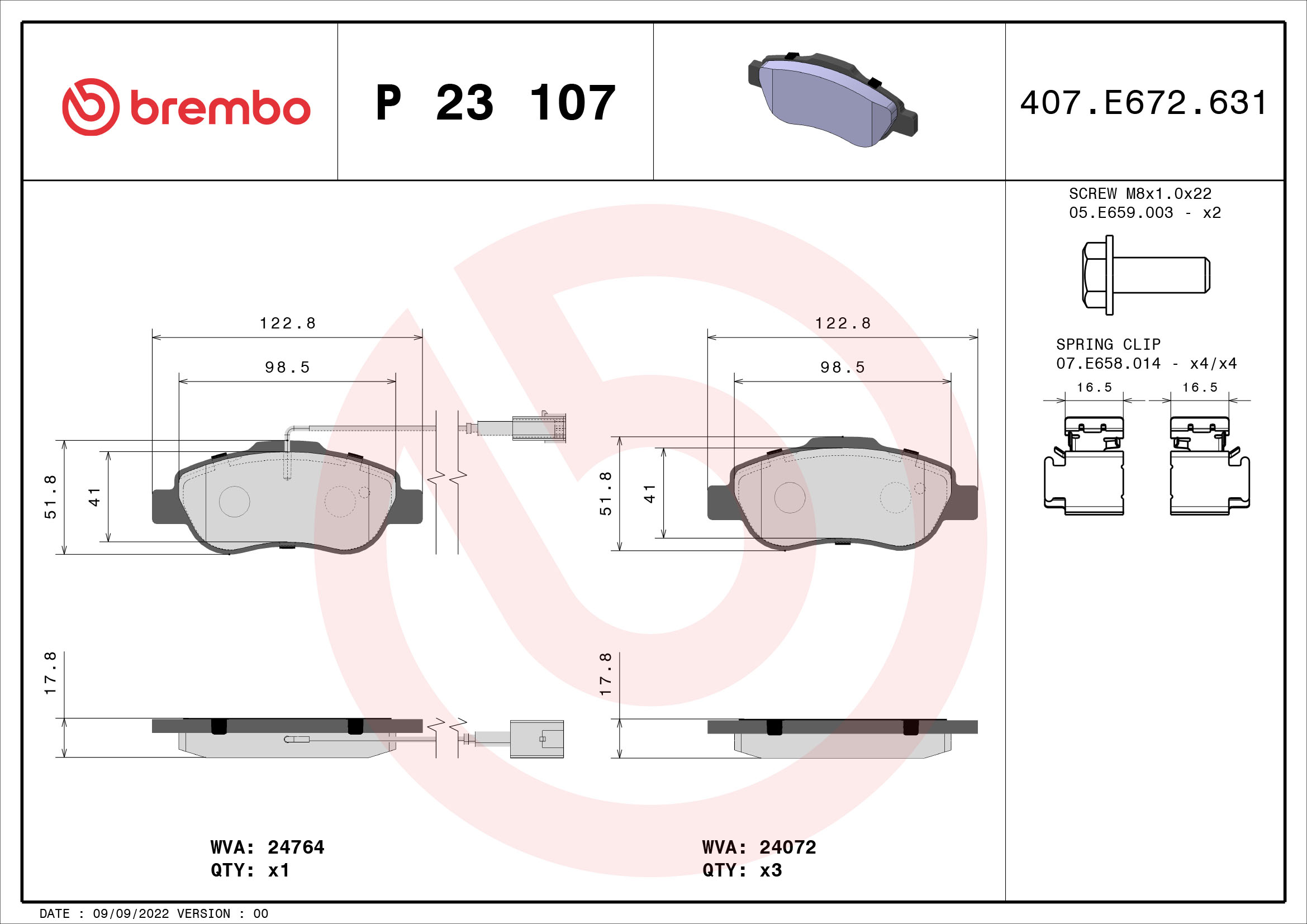 Kit pastiglie freno, Freno a disco - P 23 107 BREMBO