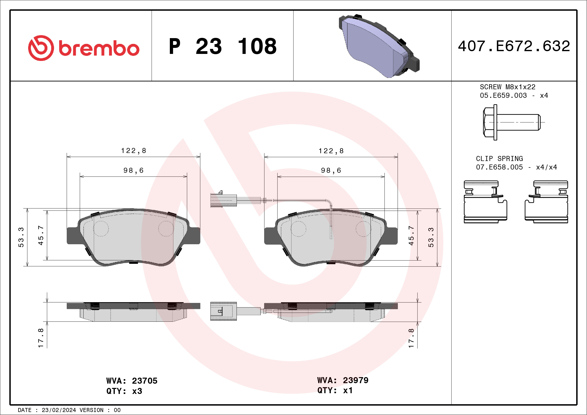 stabdžių trinkelių rinkinys, diskinis stabdys - P 23 108 BREMBO