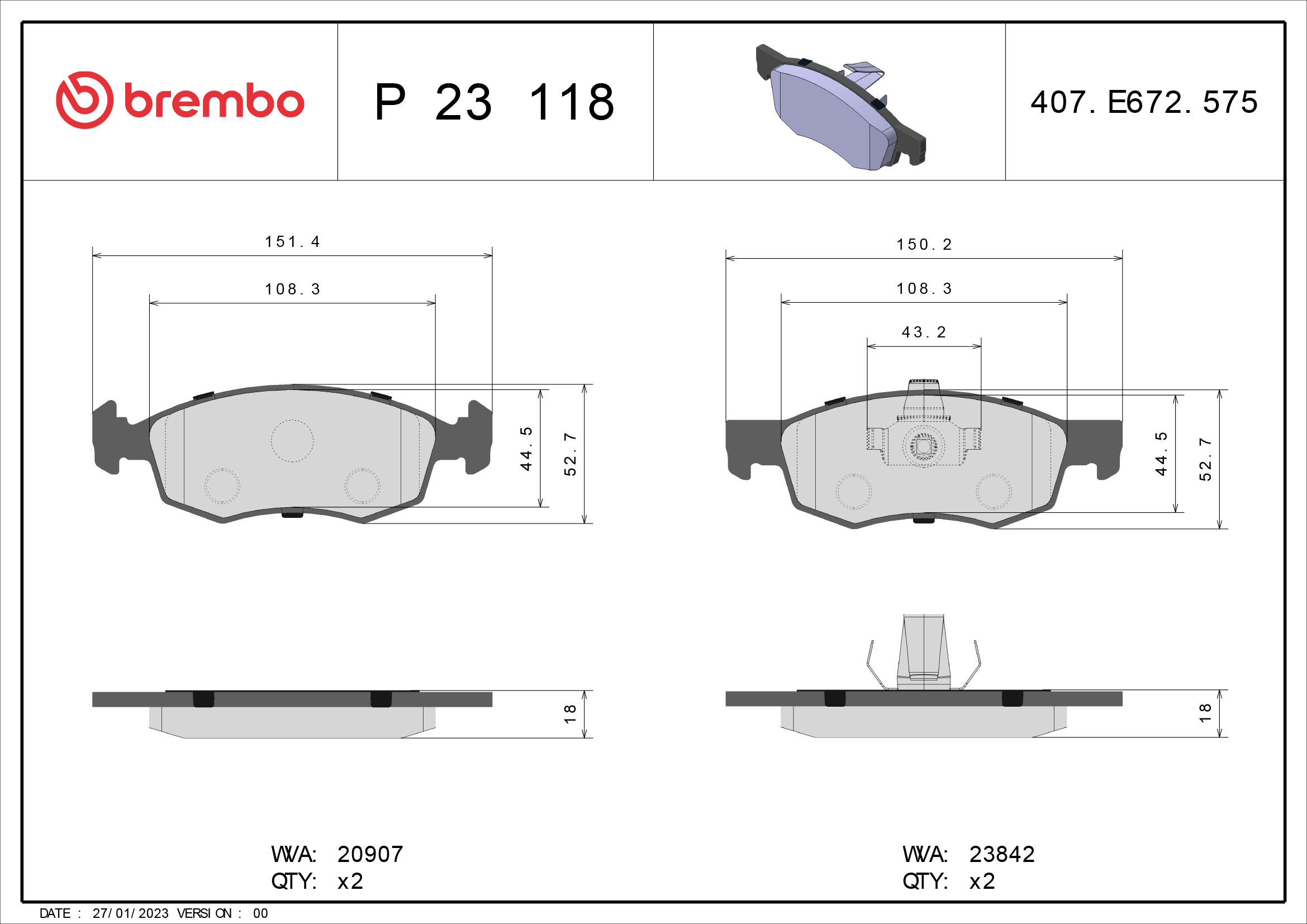Kit pastiglie freno, Freno a disco - P 23 118 BREMBO