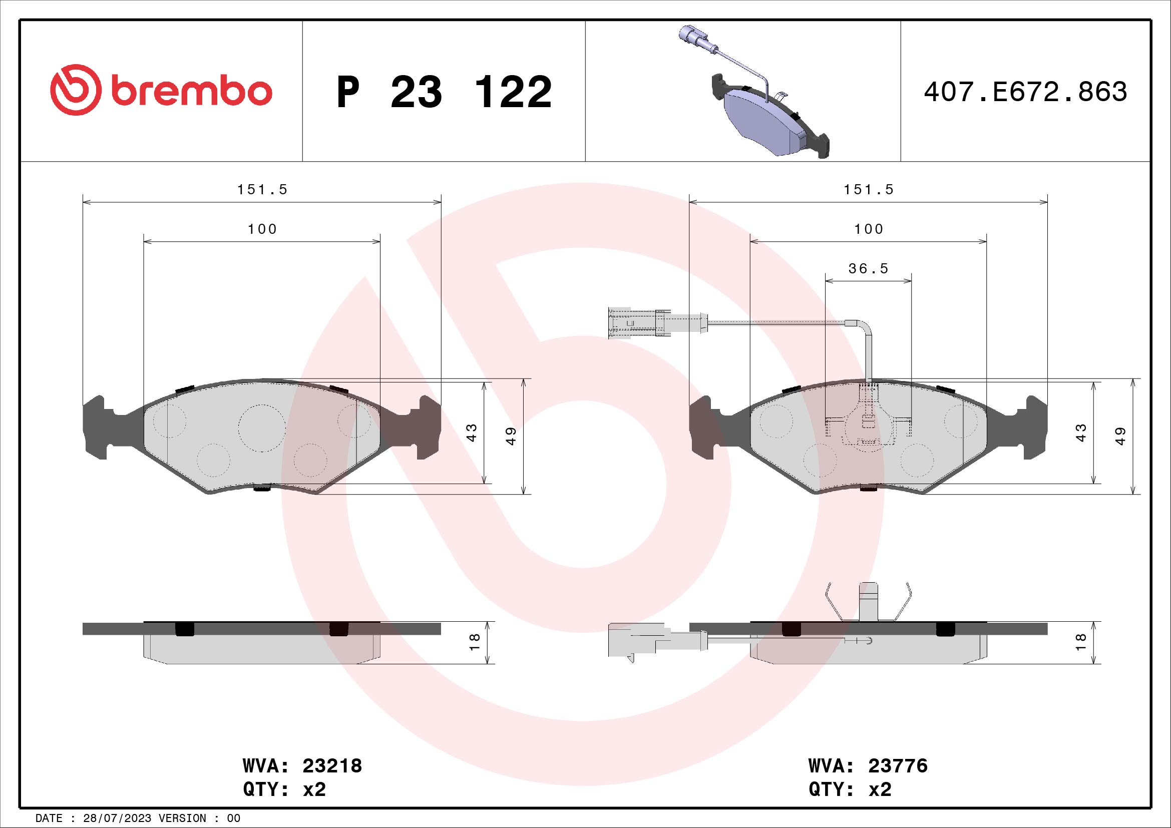 Kit pastiglie freno, Freno a disco - P 23 122 BREMBO