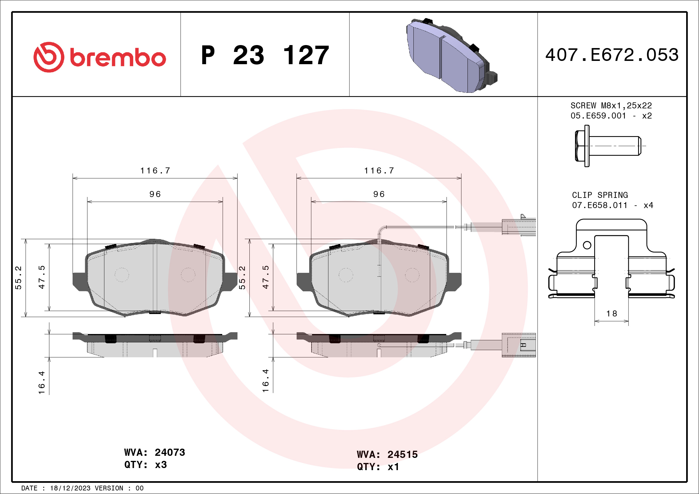 Brake Pad Set, disc brake - P 23 127 BREMBO