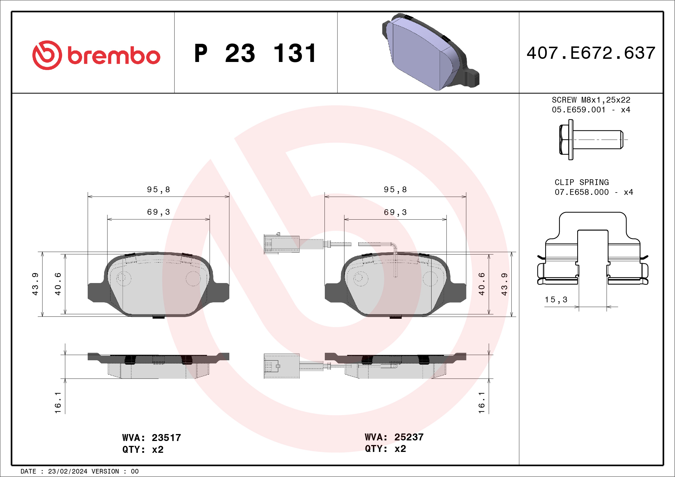 Kit pastiglie freno, Freno a disco - P 23 131 BREMBO