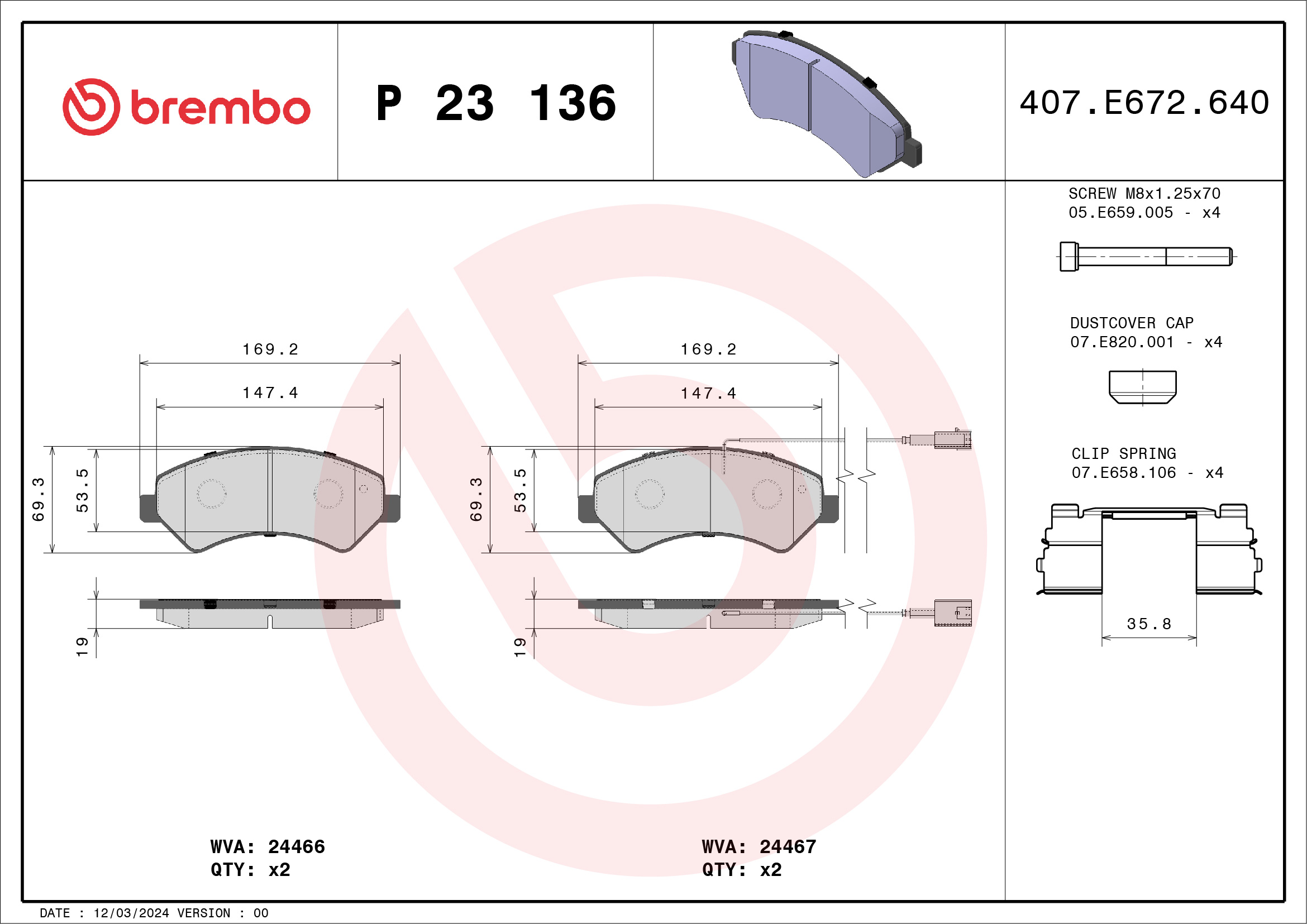 Kit pastiglie freno, Freno a disco - P 23 136 BREMBO