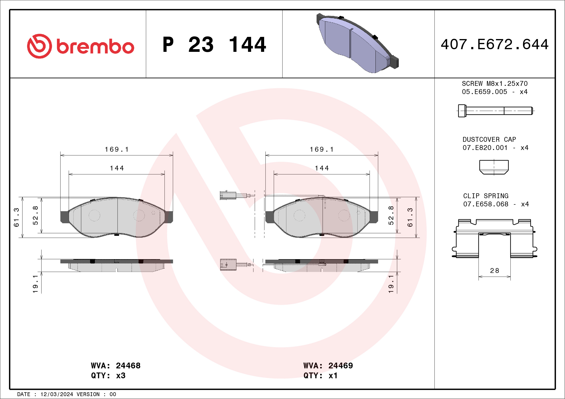 stabdžių trinkelių rinkinys, diskinis stabdys - P 23 144 BREMBO