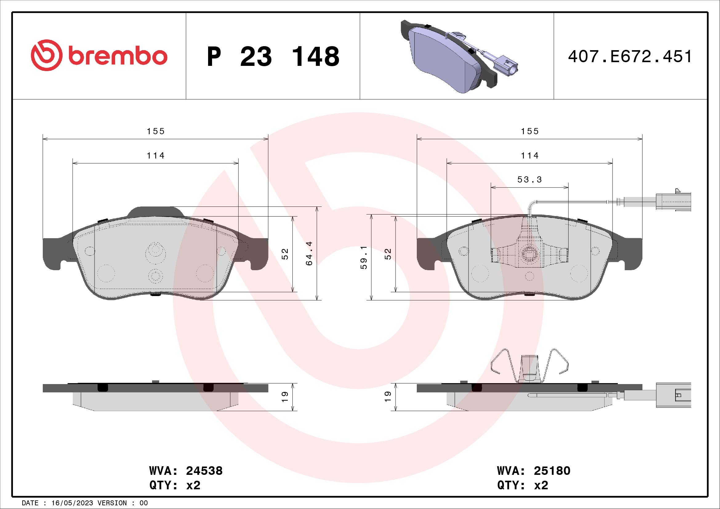 Kit pastiglie freno, Freno a disco - P 23 148 BREMBO