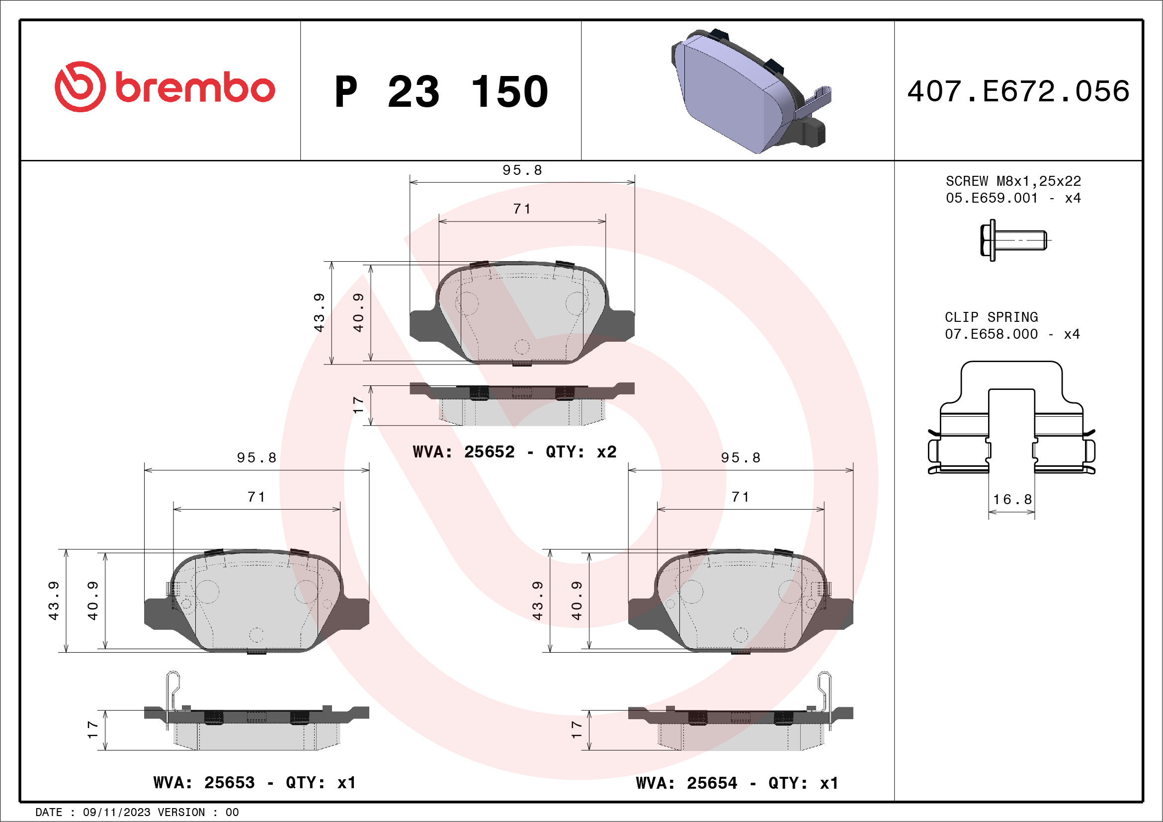 Комплект тормозных колодок, дисковый тормоз - P 23 150 BREMBO