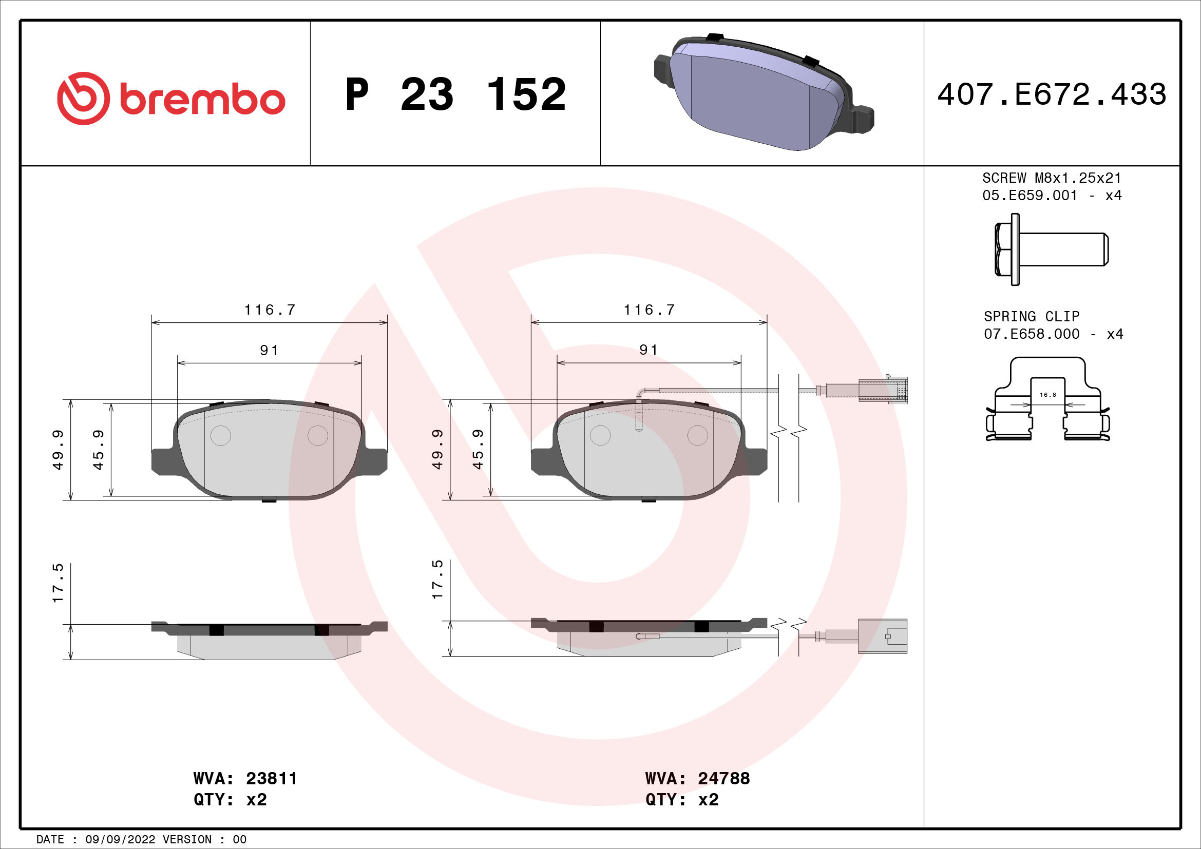 Kit pastiglie freno, Freno a disco - P 23 152 BREMBO