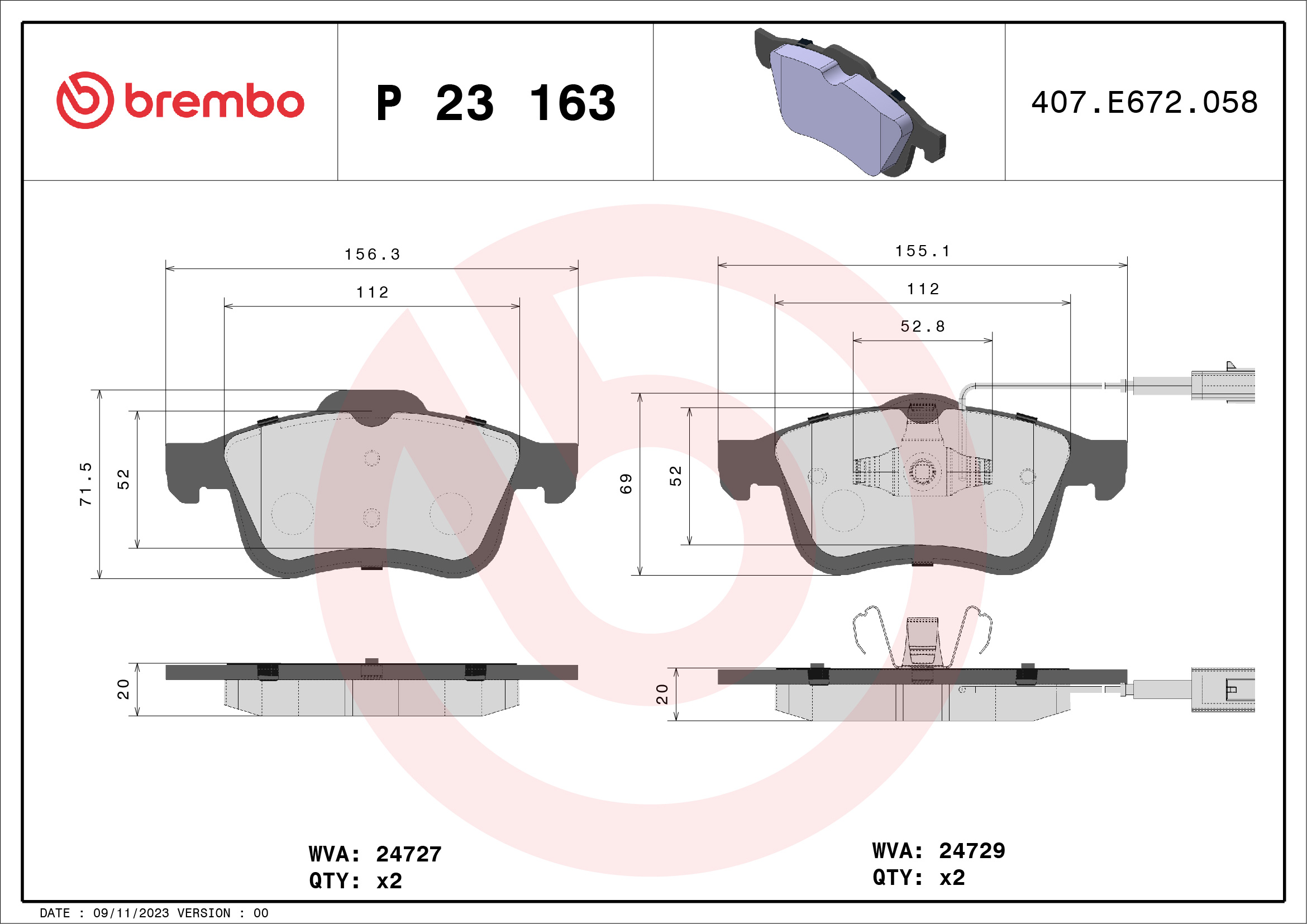 stabdžių trinkelių rinkinys, diskinis stabdys - P 23 163 BREMBO