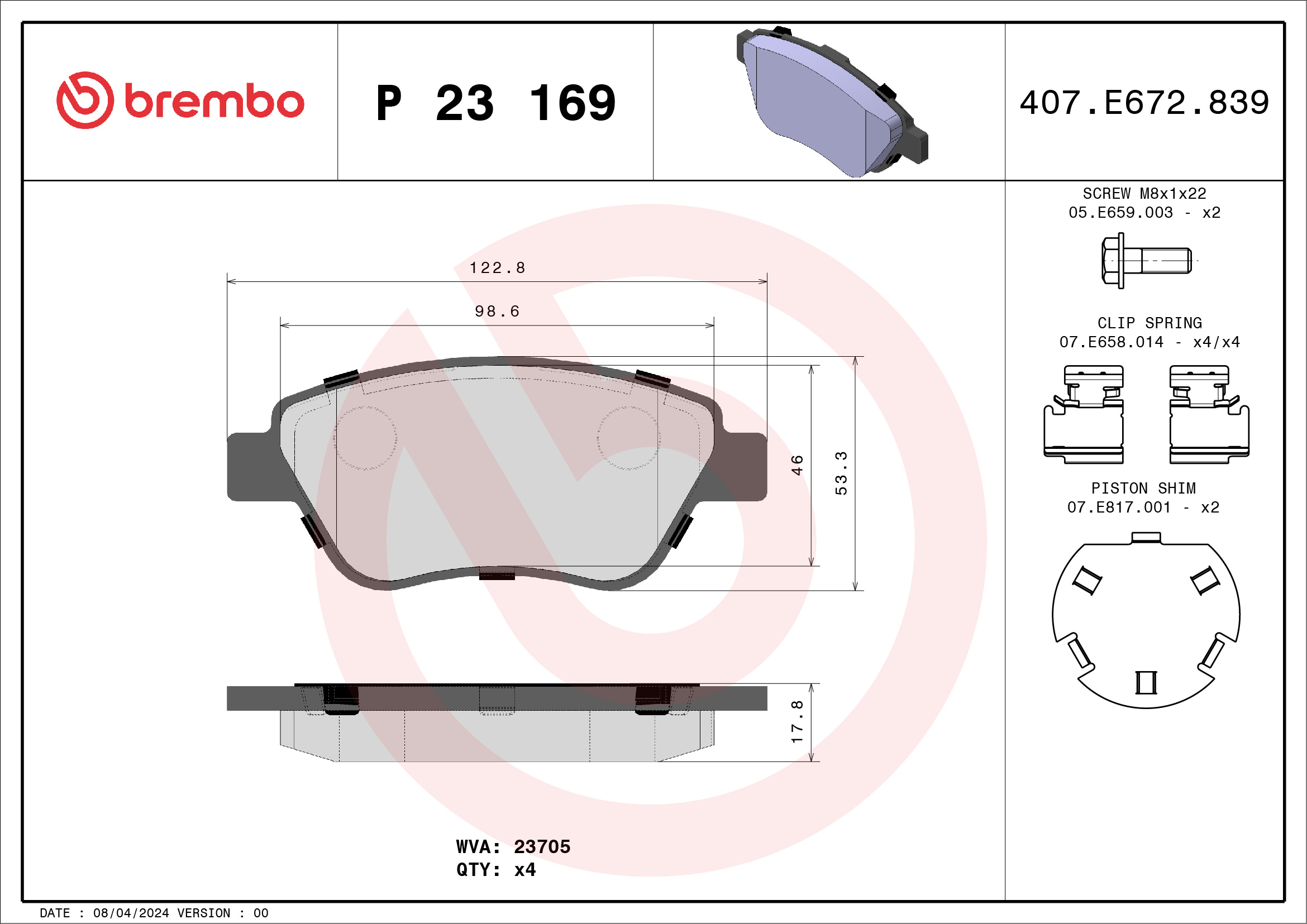 stabdžių trinkelių rinkinys, diskinis stabdys - P 23 169 BREMBO