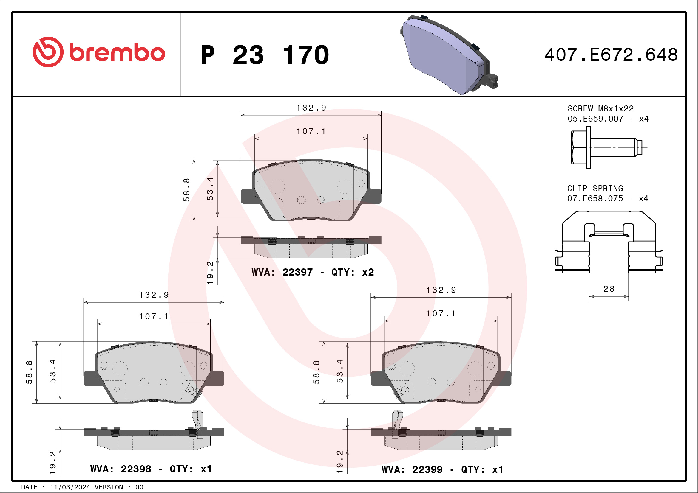 Kit pastiglie freno, Freno a disco - P 23 170 BREMBO