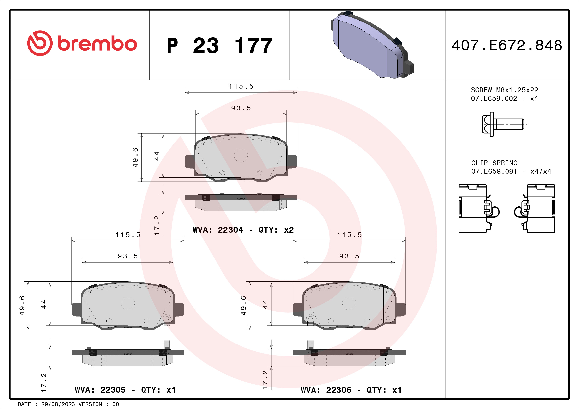 Комплект тормозных колодок, дисковый тормоз - P 23 177 BREMBO