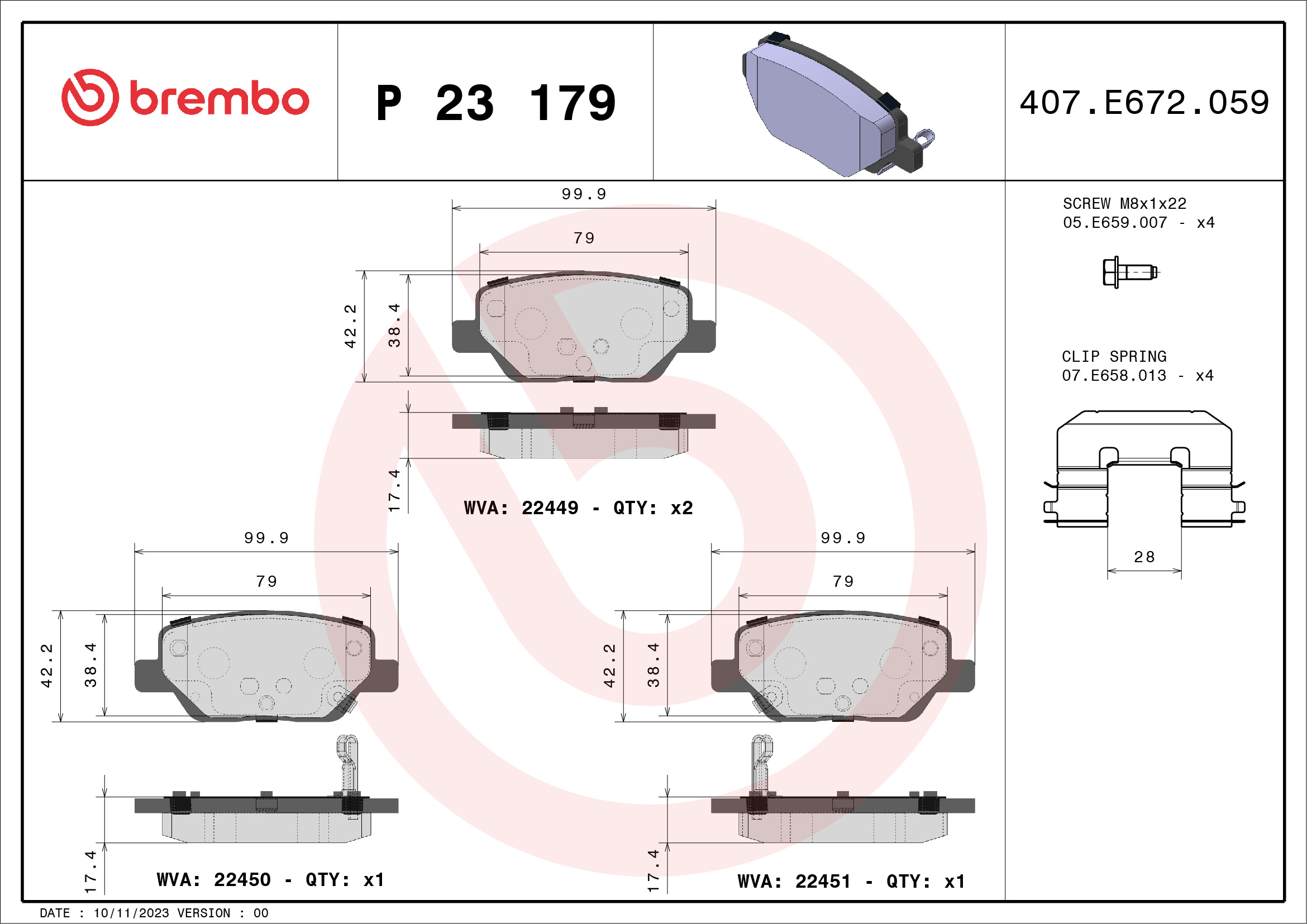 Brake Pad Set, disc brake - P 23 179 BREMBO