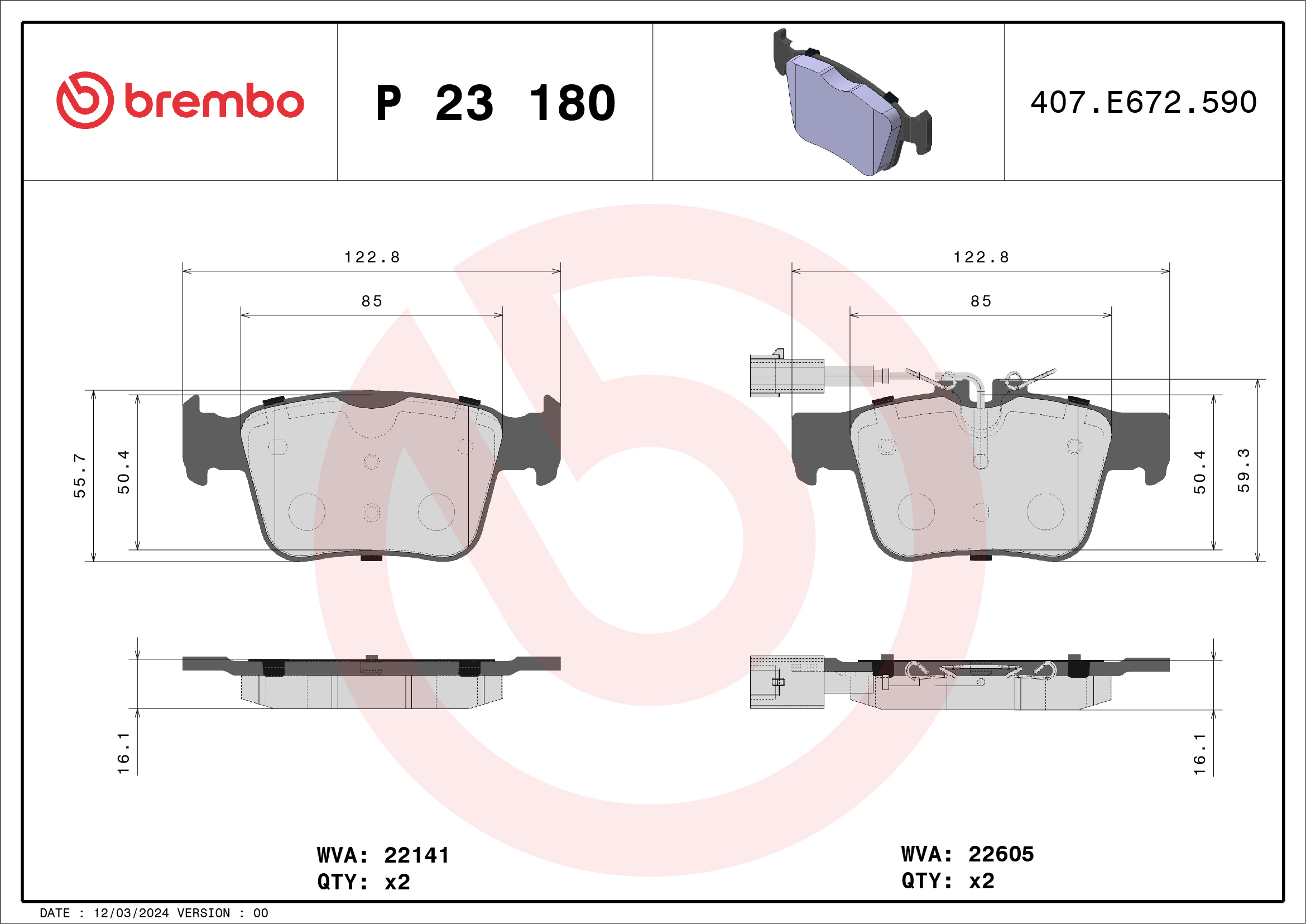 Brake Pad Set, disc brake - P 23 180 BREMBO