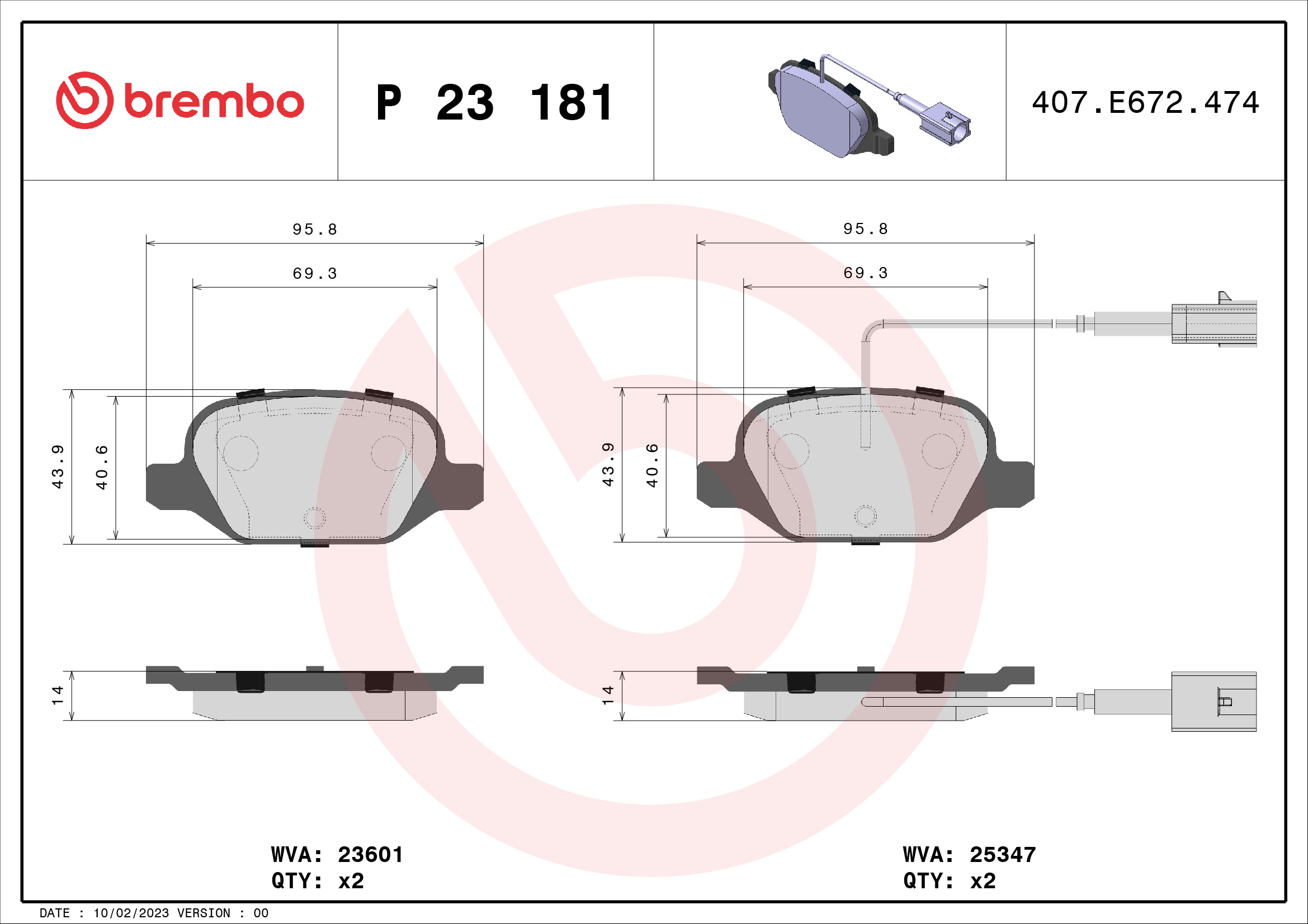 Brake Pad Set, disc brake - P 23 181 BREMBO