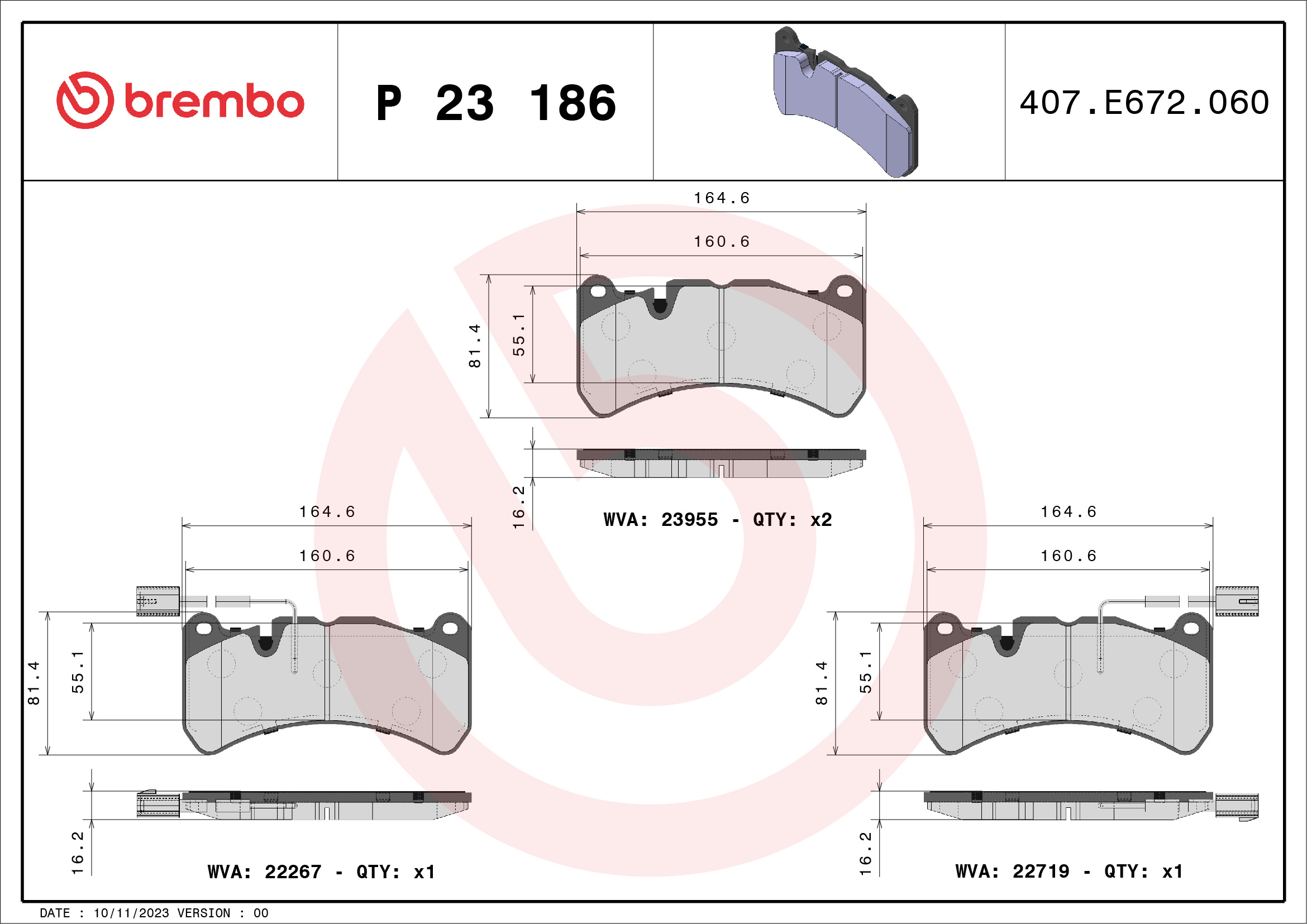 Комплект тормозных колодок, дисковый тормоз - P 23 186 BREMBO
