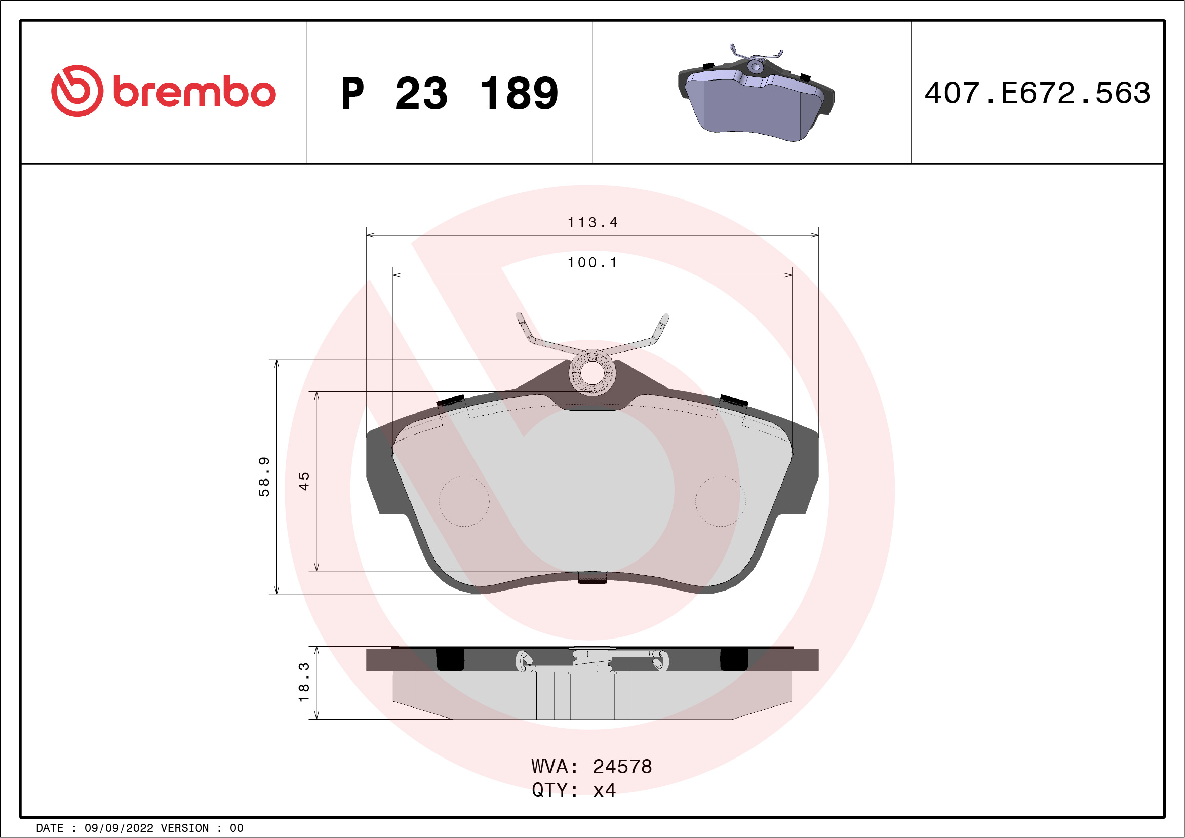 Комплект тормозных колодок, дисковый тормоз - P 23 189 BREMBO