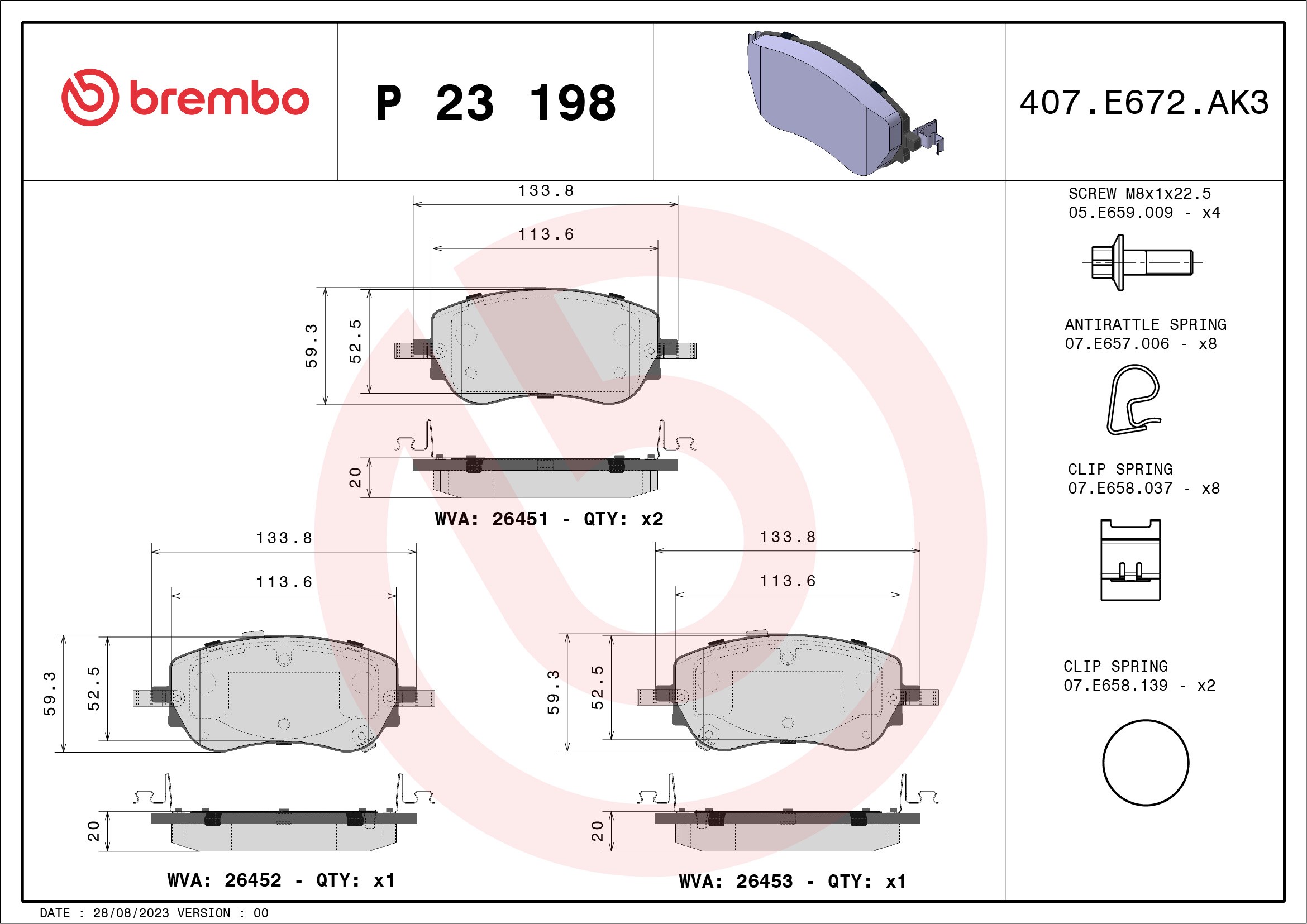 Kit pastiglie freno, Freno a disco - P 23 198 BREMBO