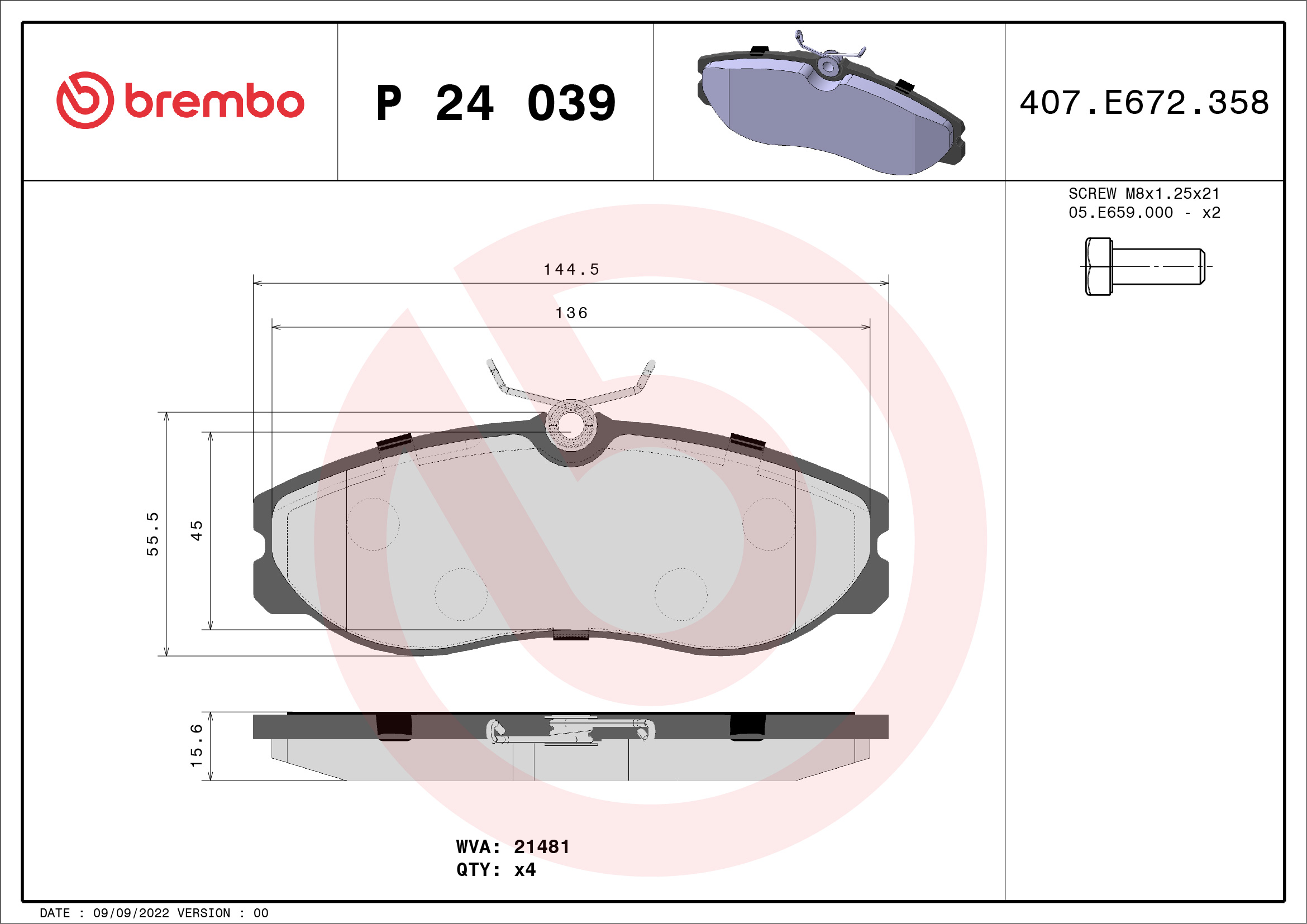 stabdžių trinkelių rinkinys, diskinis stabdys - P 24 039 BREMBO
