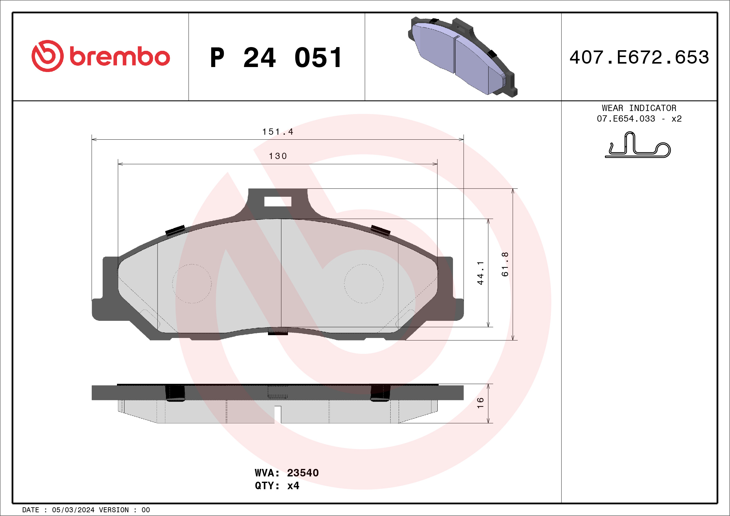 Brake Pad Set, disc brake - P 24 051 BREMBO