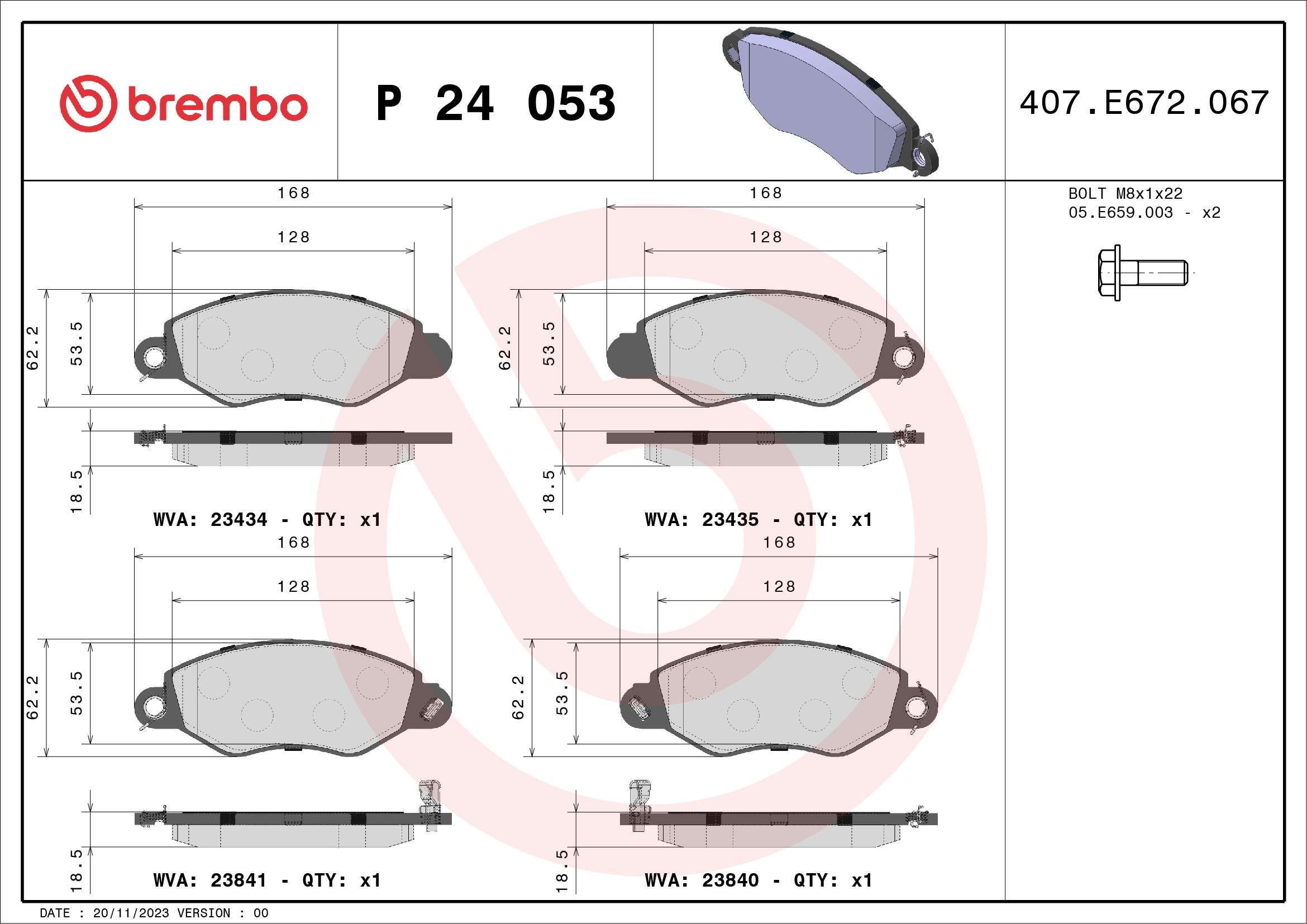 Brake Pad Set, disc brake - P 24 053 BREMBO