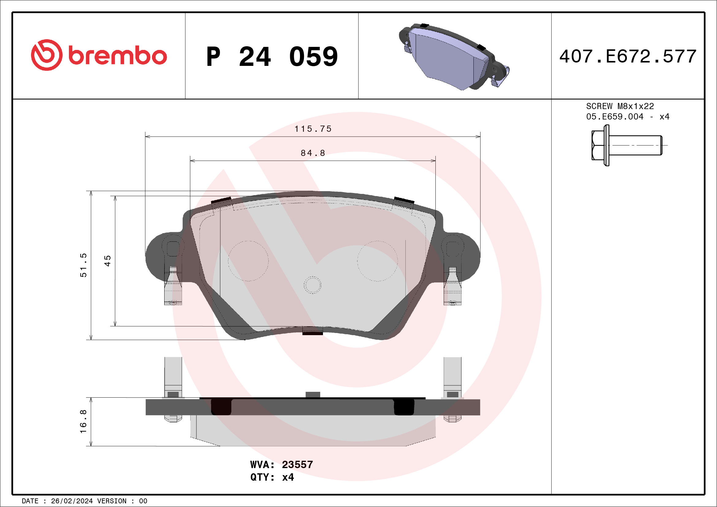stabdžių trinkelių rinkinys, diskinis stabdys - P 24 059 BREMBO