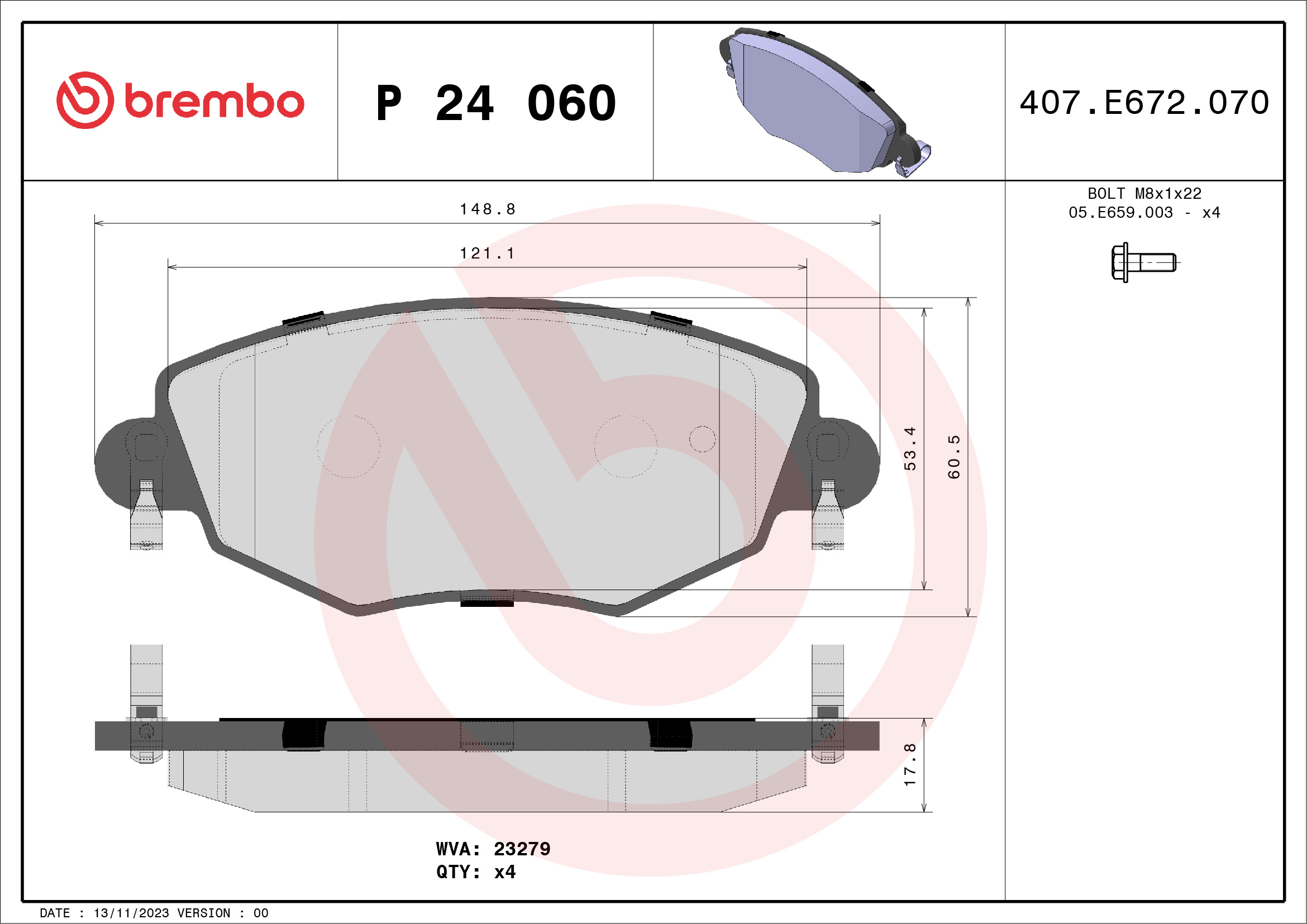 stabdžių trinkelių rinkinys, diskinis stabdys - P 24 060 BREMBO