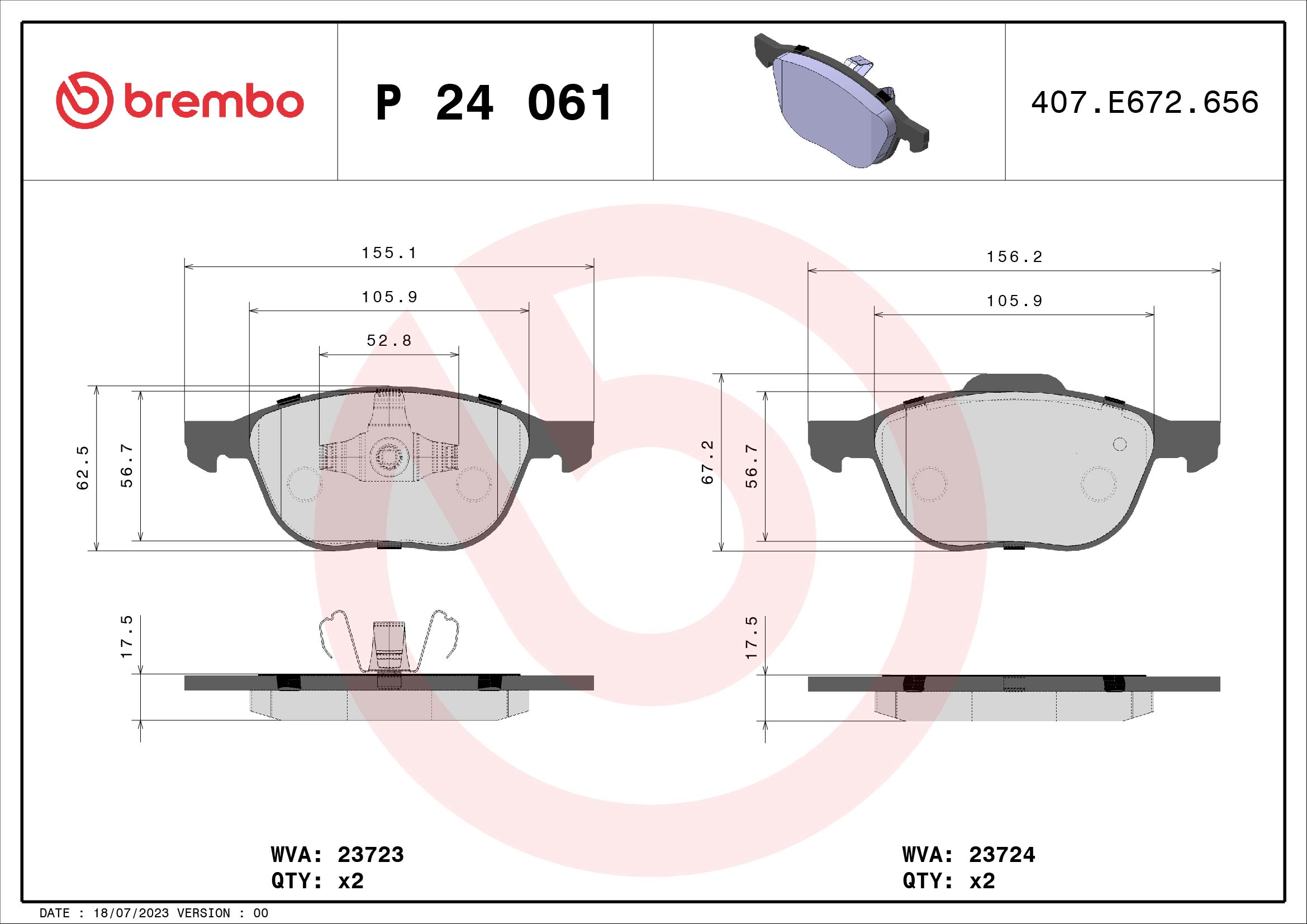 stabdžių trinkelių rinkinys, diskinis stabdys - P 24 061 BREMBO