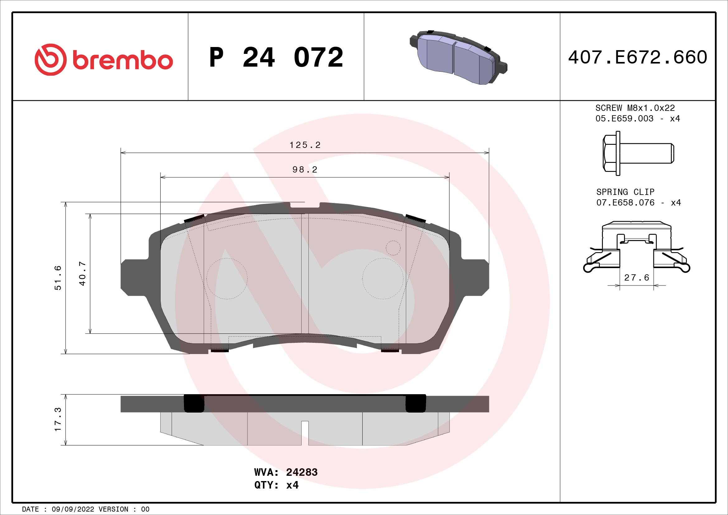 Brake Pad Set, disc brake - P 24 072 BREMBO