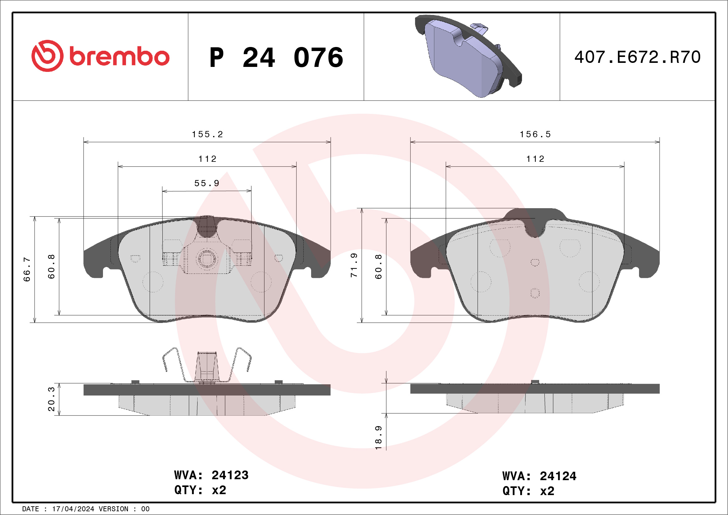 Комплект тормозных колодок, дисковый тормоз - P 24 076 BREMBO