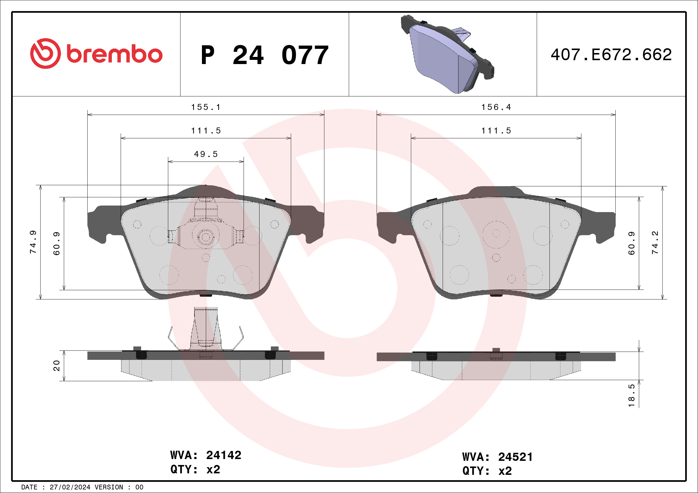 Brake Pad Set, disc brake - P 24 077 BREMBO