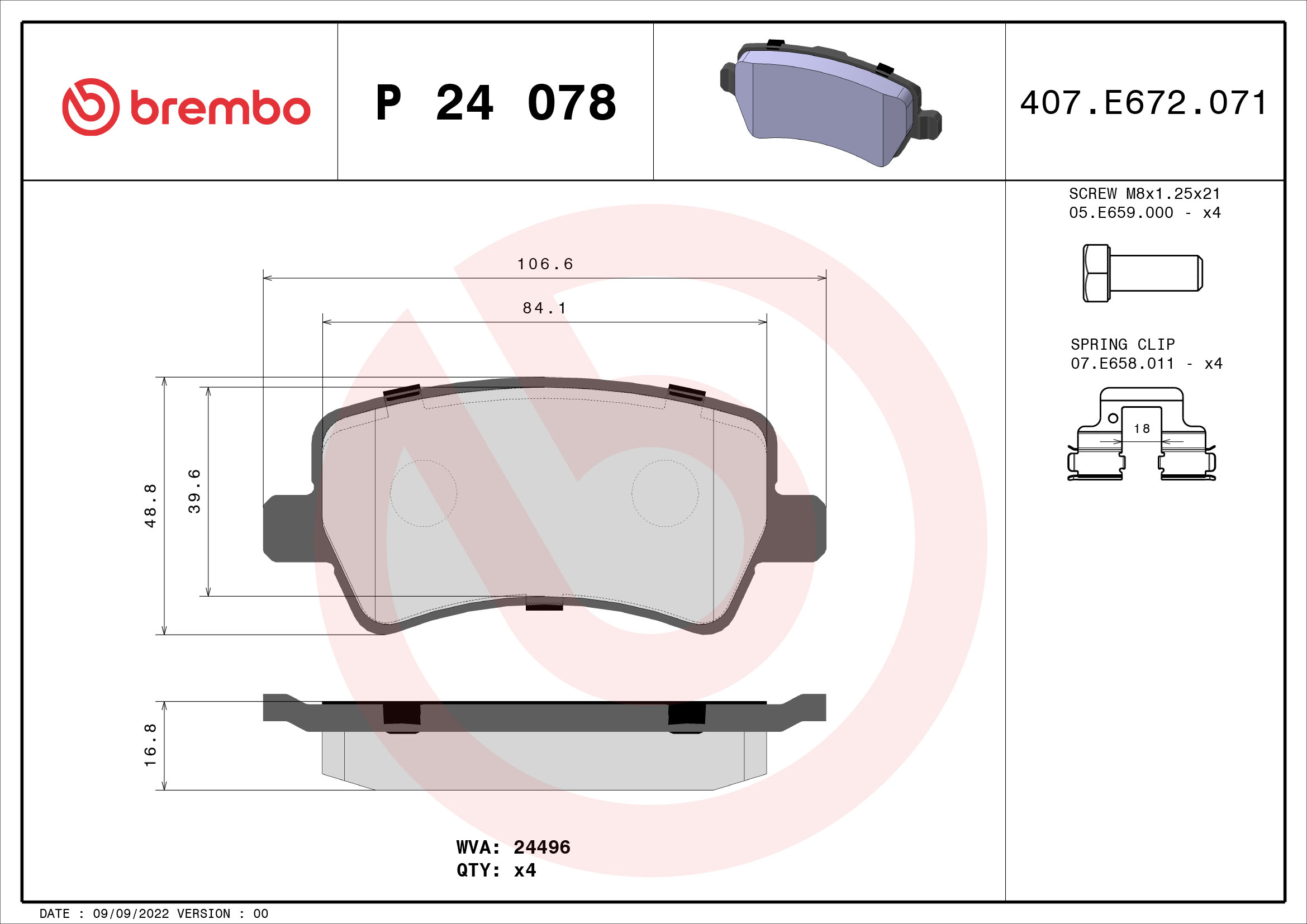 stabdžių trinkelių rinkinys, diskinis stabdys - P 24 078 BREMBO