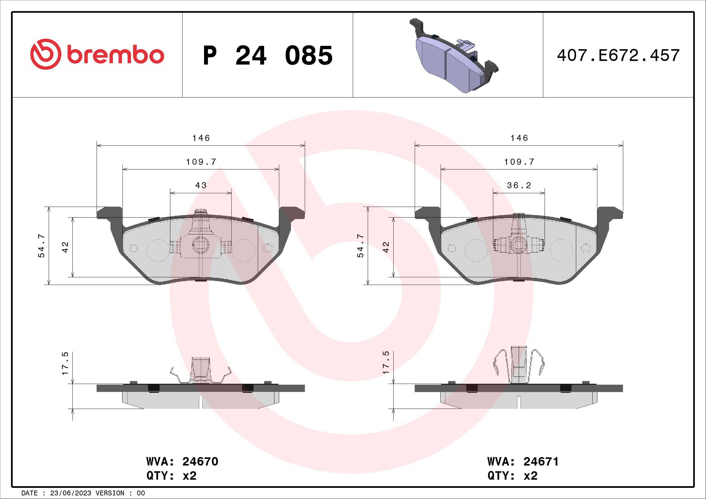 Brake Pad Set, disc brake - P 24 085 BREMBO