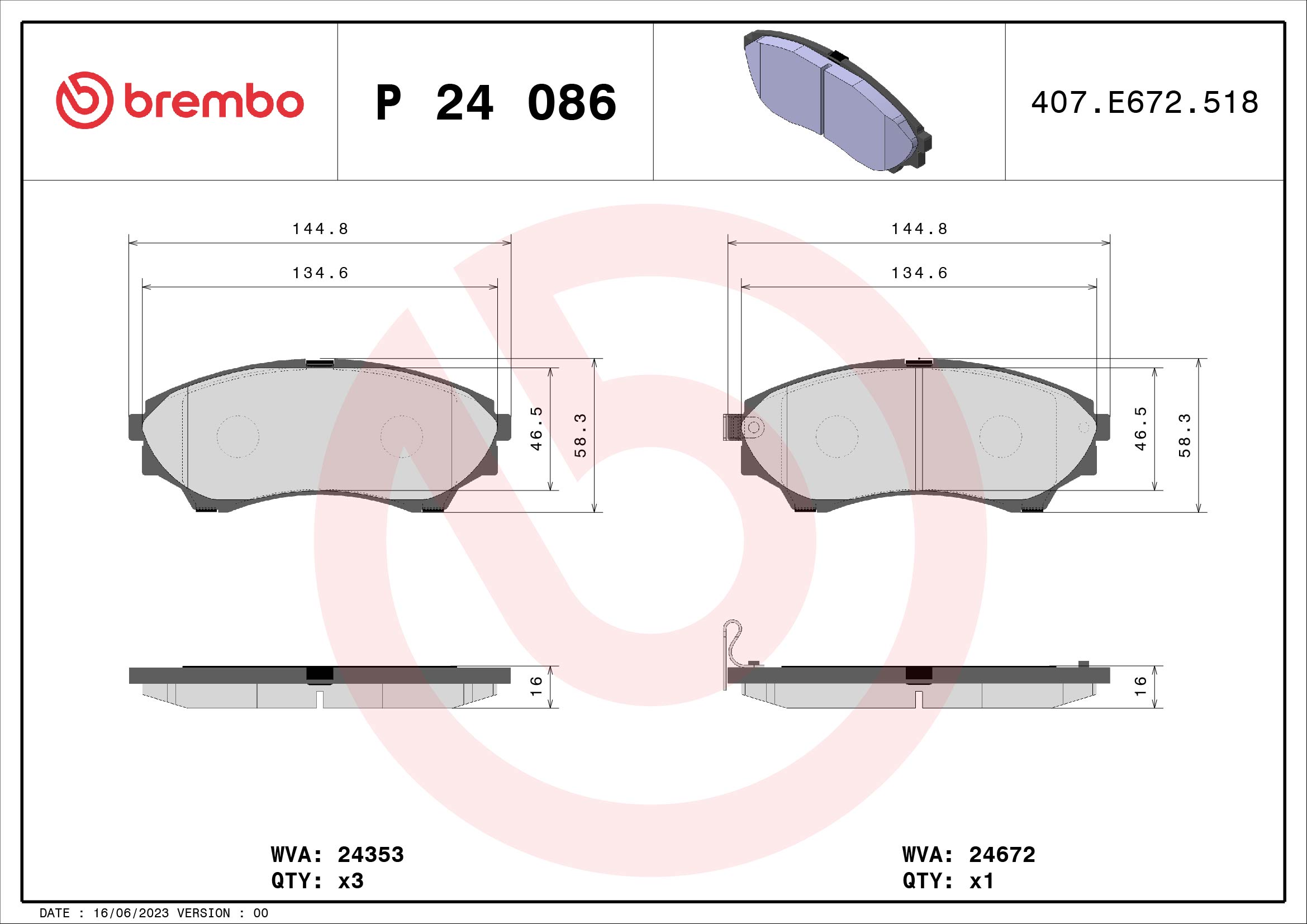 Brake Pad Set, disc brake - P 24 086 BREMBO
