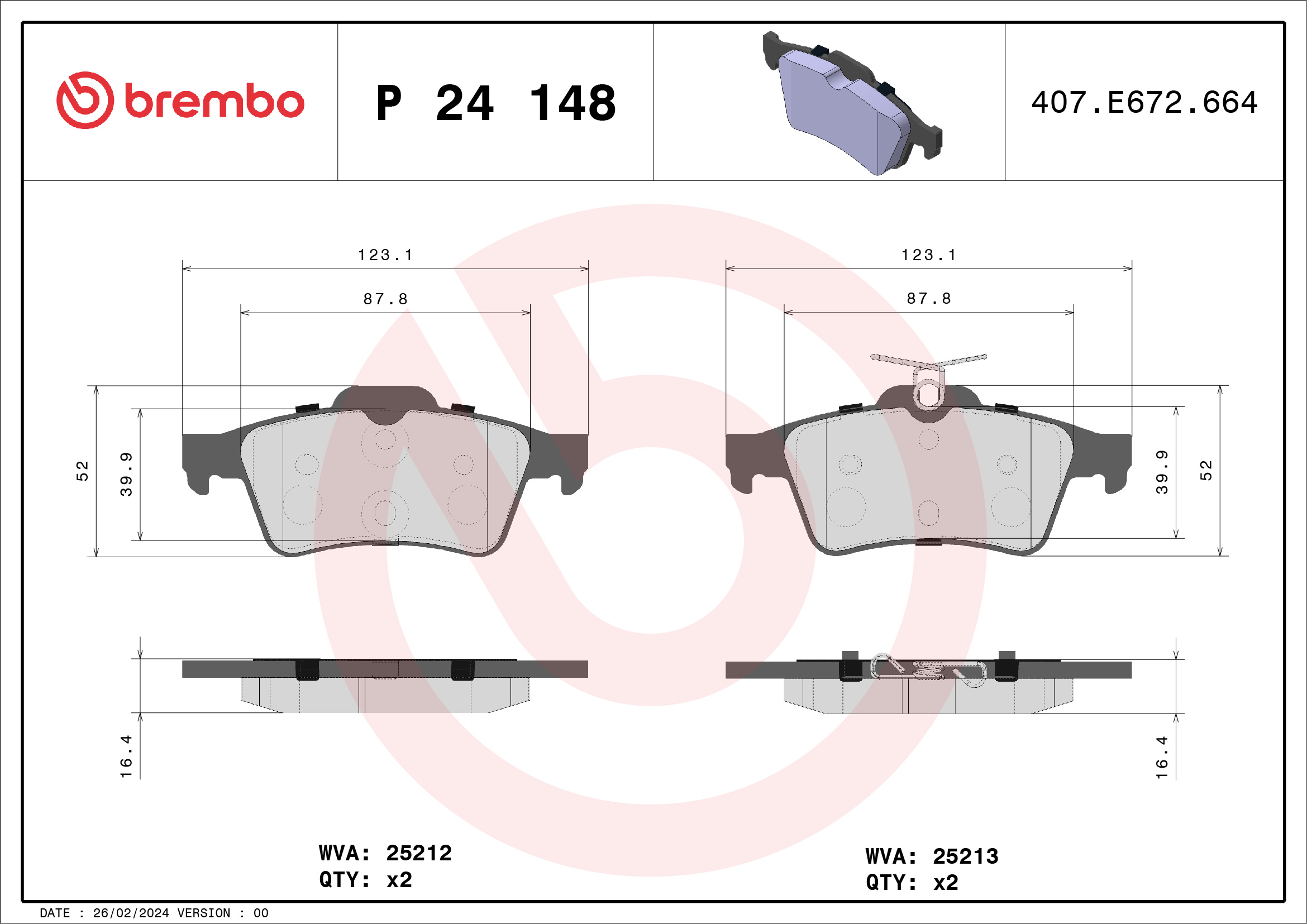 Brake Pad Set, disc brake - P 24 148 BREMBO