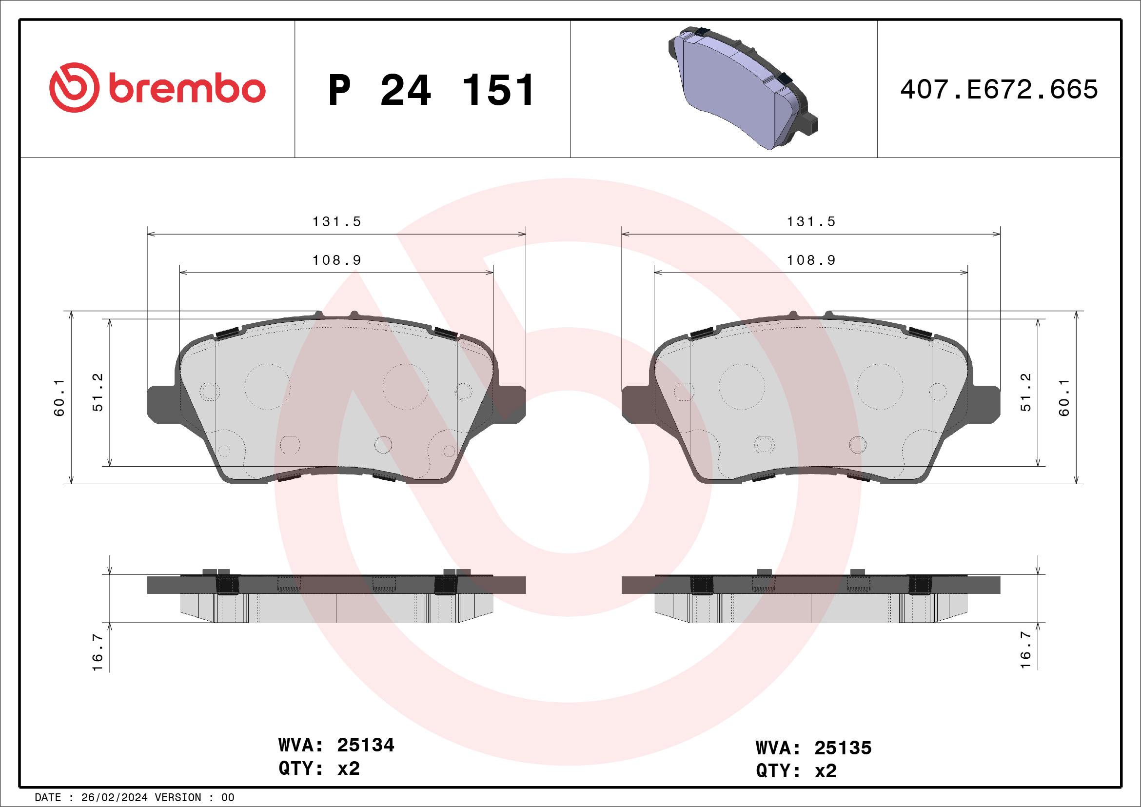Brake Pad Set, disc brake - P 24 151 BREMBO